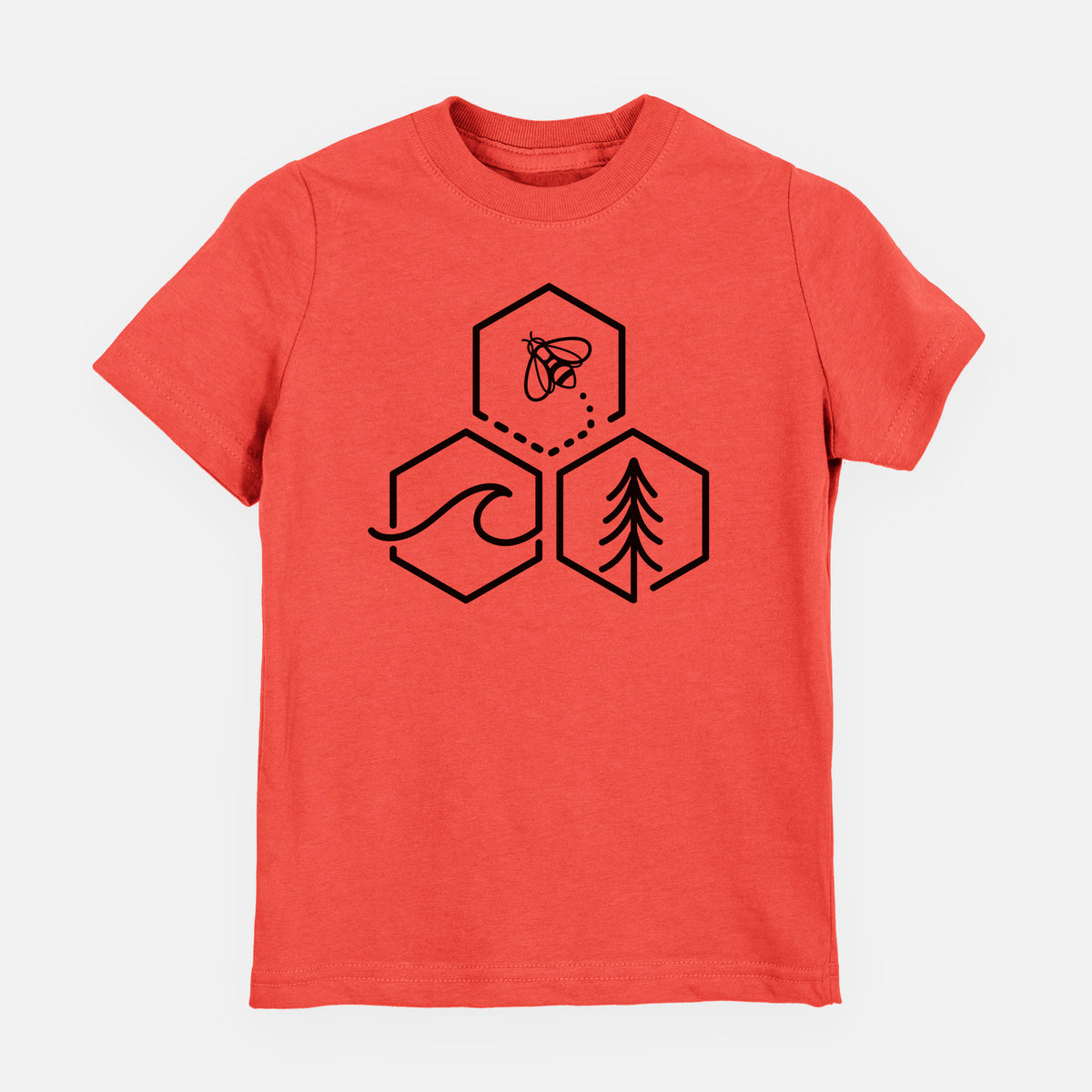 Passionfruit pink youth t-shirt laid flat, printed with a black line art design of three hexagons holding a bee, an ocean wave and a pine tree.