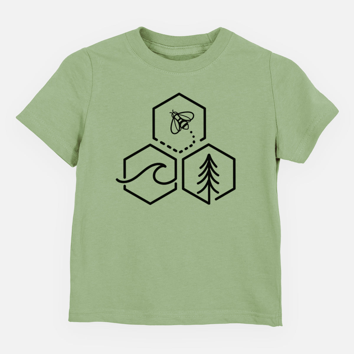 Sage green toddler t-shirt laid flat, printed with a black line art design of three hexagons holding a bee, an ocean wave and a pine tree.