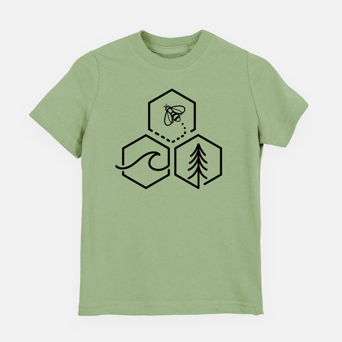 Sage green youth t-shirt laid flat, printed with a black line art design of three hexagons holding a bee, an ocean wave and a pine tree.