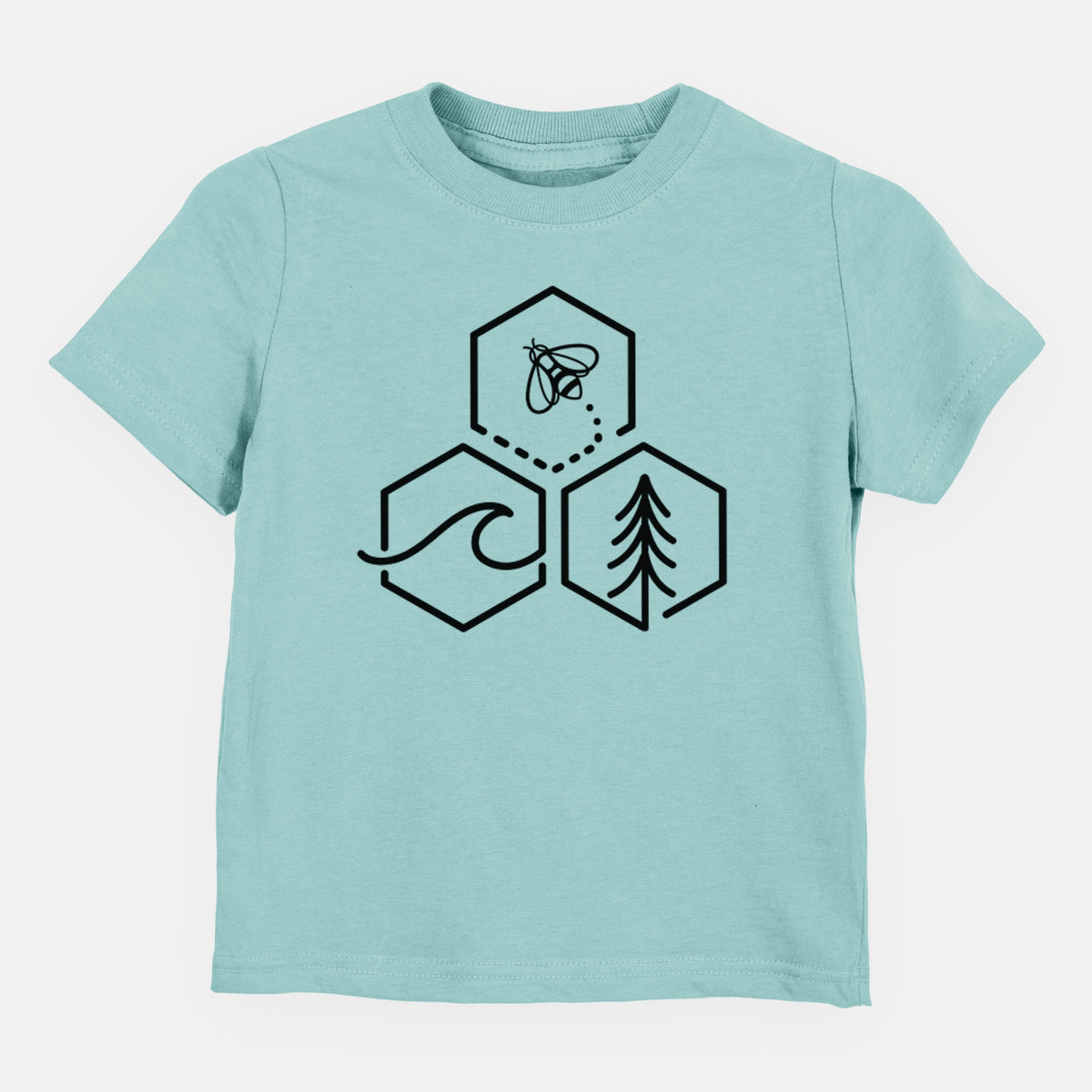 Saltwater toddler t-shirt laid flat, printed with a black line art design of three hexagons holding a bee, an ocean wave and a pine tree.