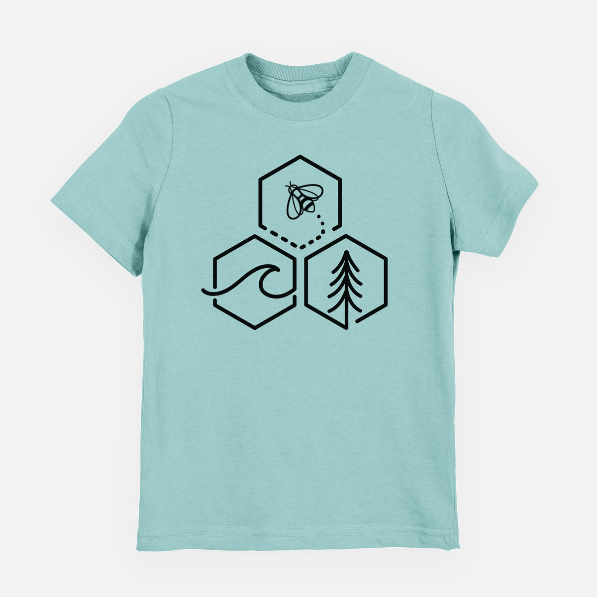 Saltwater youth t-shirt laid flat, printed with a black line art design of three hexagons holding a bee, an ocean wave and a pine tree.