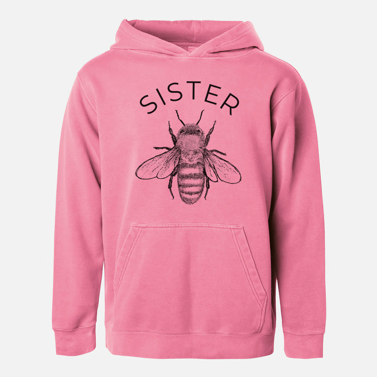 Pigment pink youth pigment dyed hoodie laid flat, printed with a black ink honey bee beneath the word Sister.