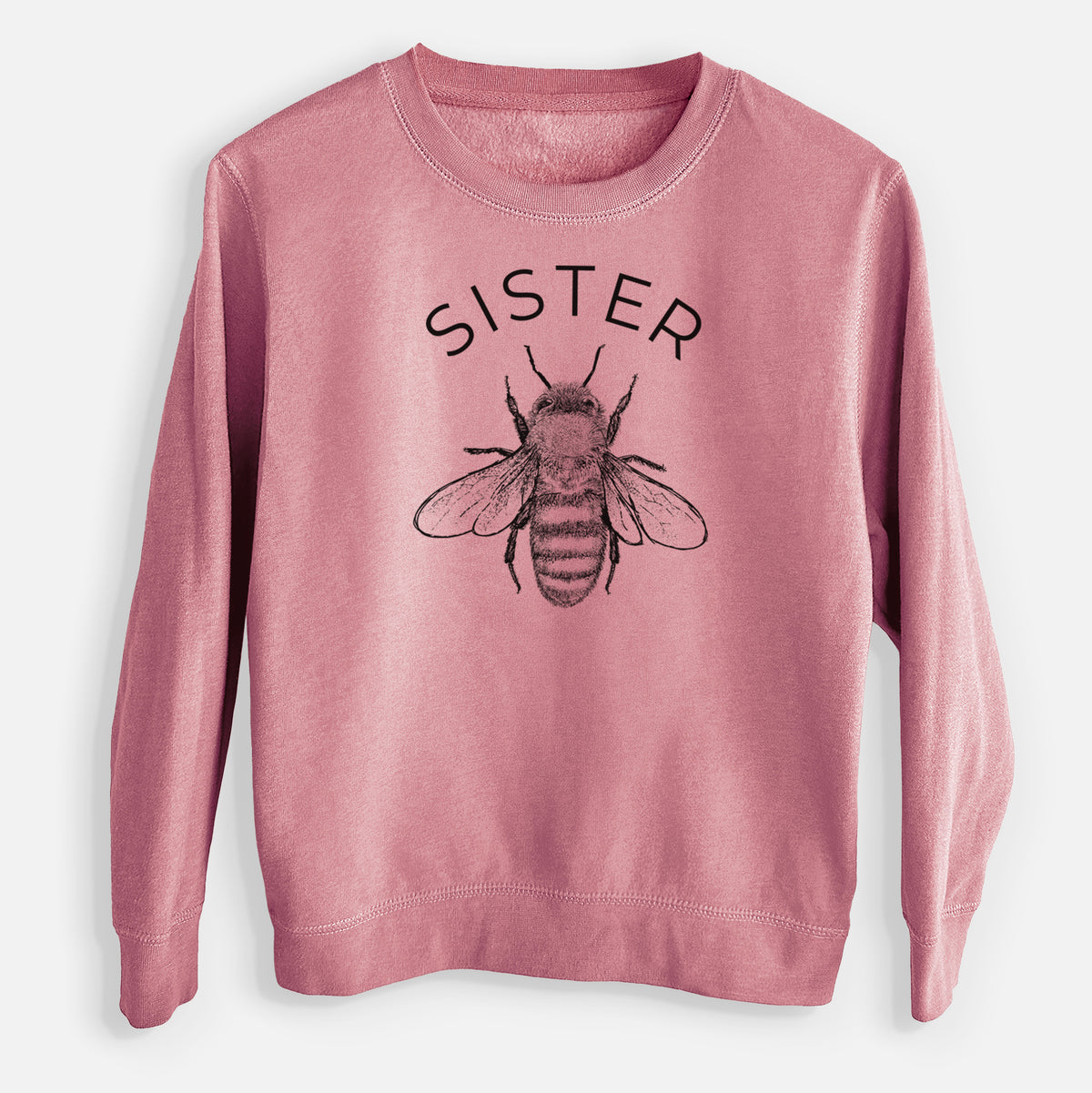 Mauve pink youth crewneck sweatshirt laid flat, printed with a black ink honey bee beneath the word Sister.