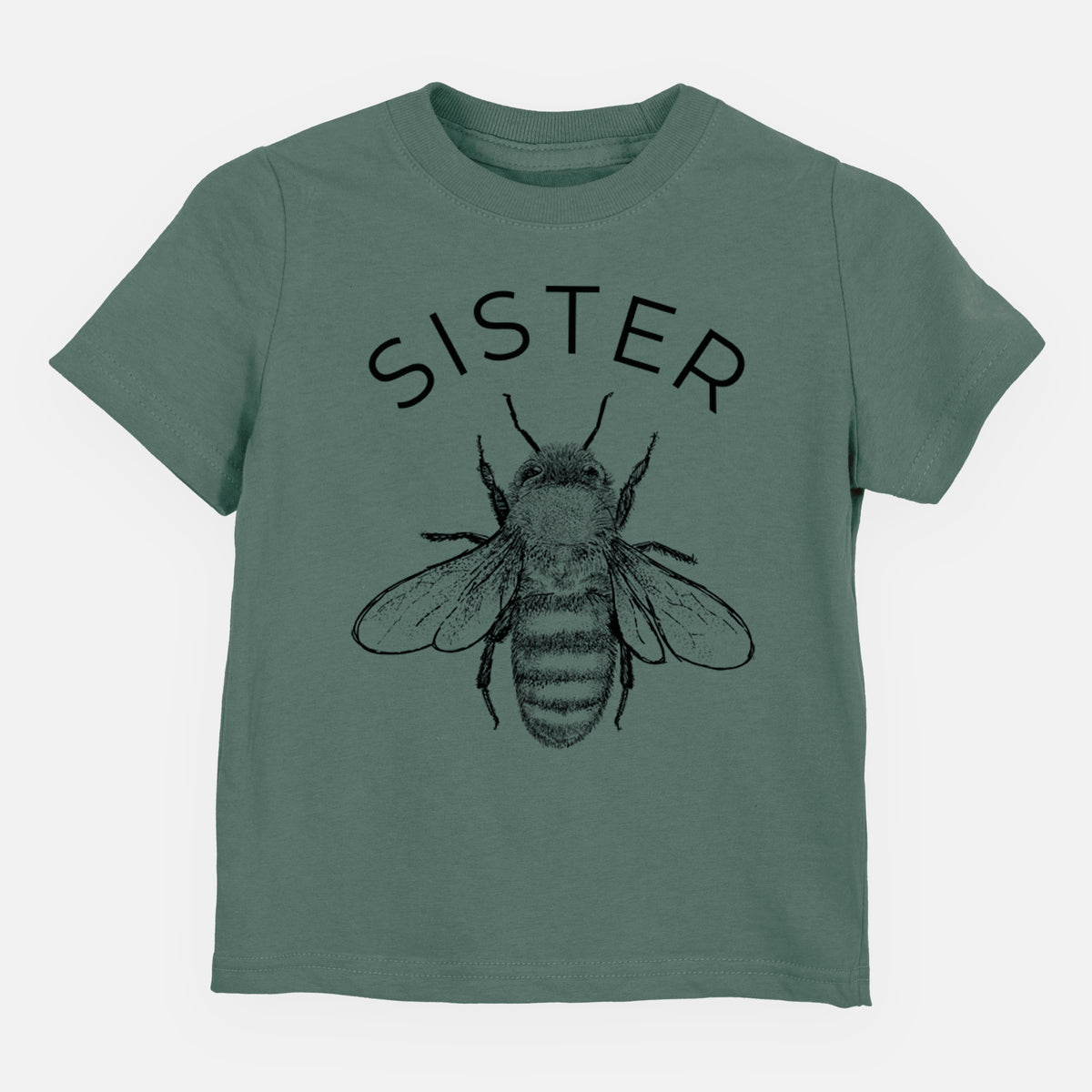 Basil green toddler t-shirt laid flat, printed with a black ink honey bee beneath the word Sister.