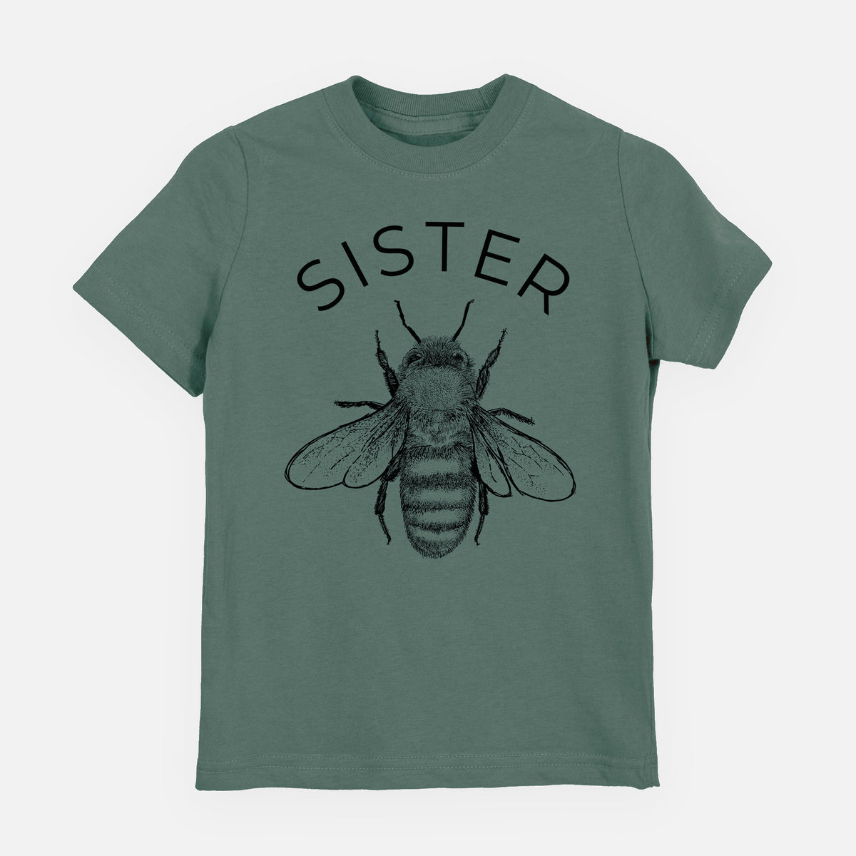 Basil green youth t-shirt laid flat, printed with a black ink honey bee beneath the word Sister.