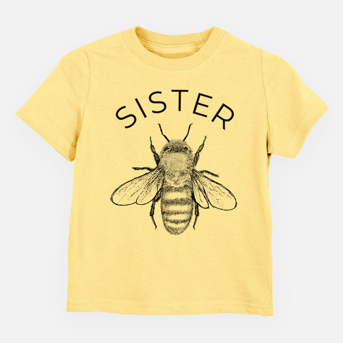 Butter yellow toddler t-shirt laid flat, printed with a black ink honey bee beneath the word Sister.