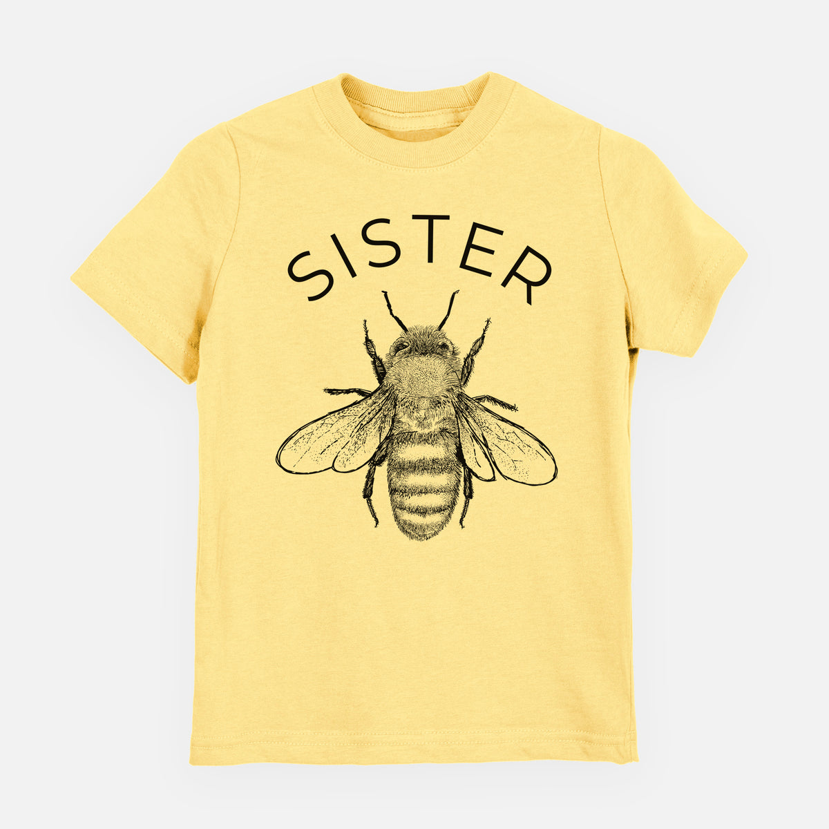 Butter yellow youth t-shirt laid flat, printed with a black ink honey bee beneath the word Sister.