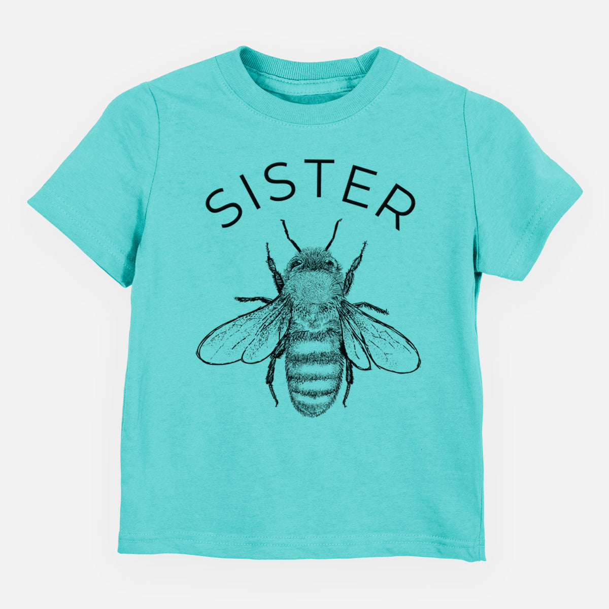 Caribbean blue toddler t-shirt laid flat, printed with a black ink honey bee beneath the word Sister.