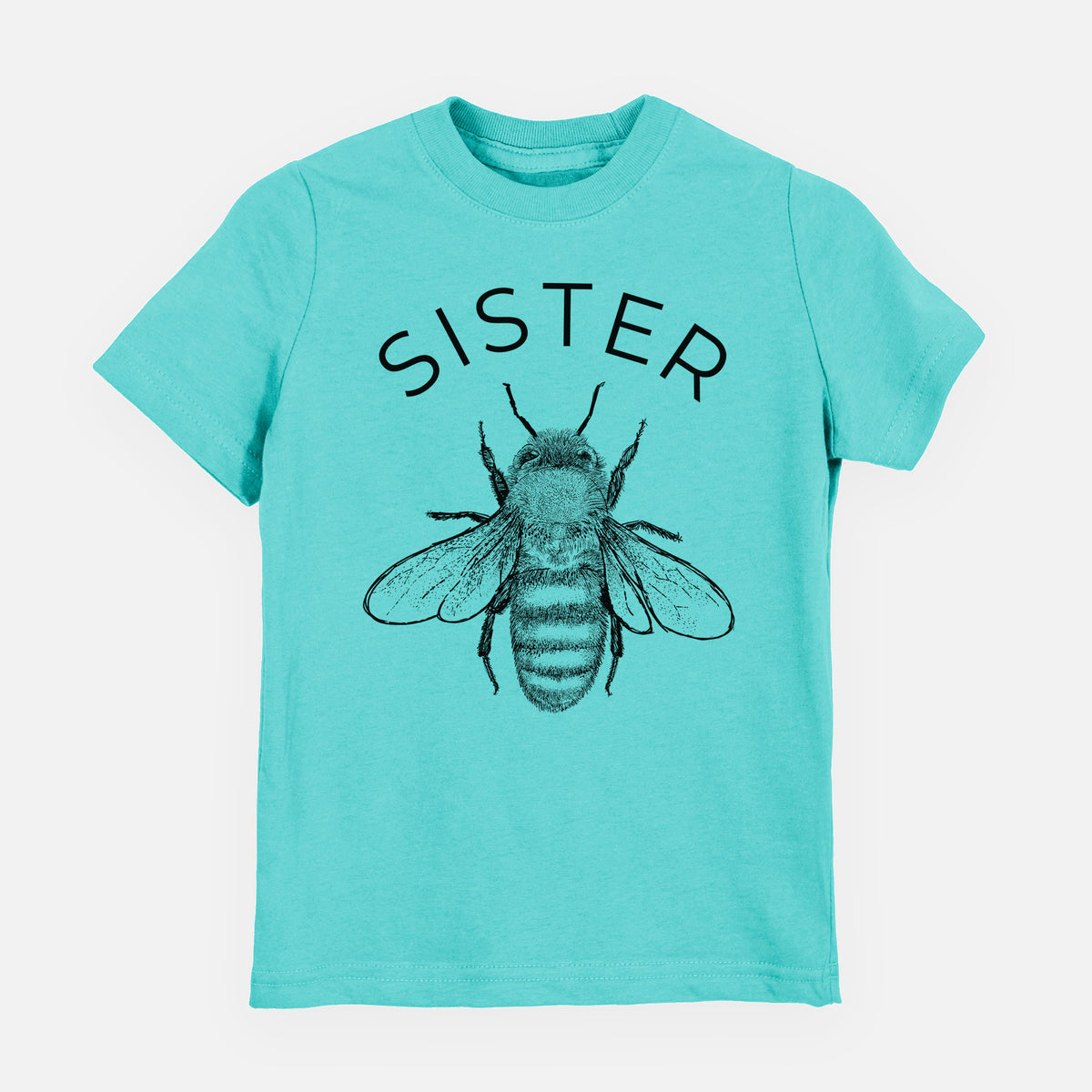 Caribbean blue youth t-shirt laid flat, printed with a black ink honey bee beneath the word Sister.