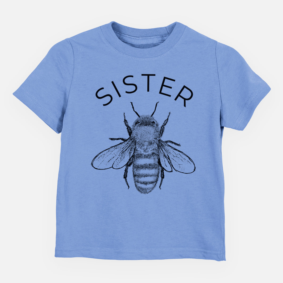Carolina blue toddler t-shirt laid flat, printed with a black ink honey bee beneath the word Sister.