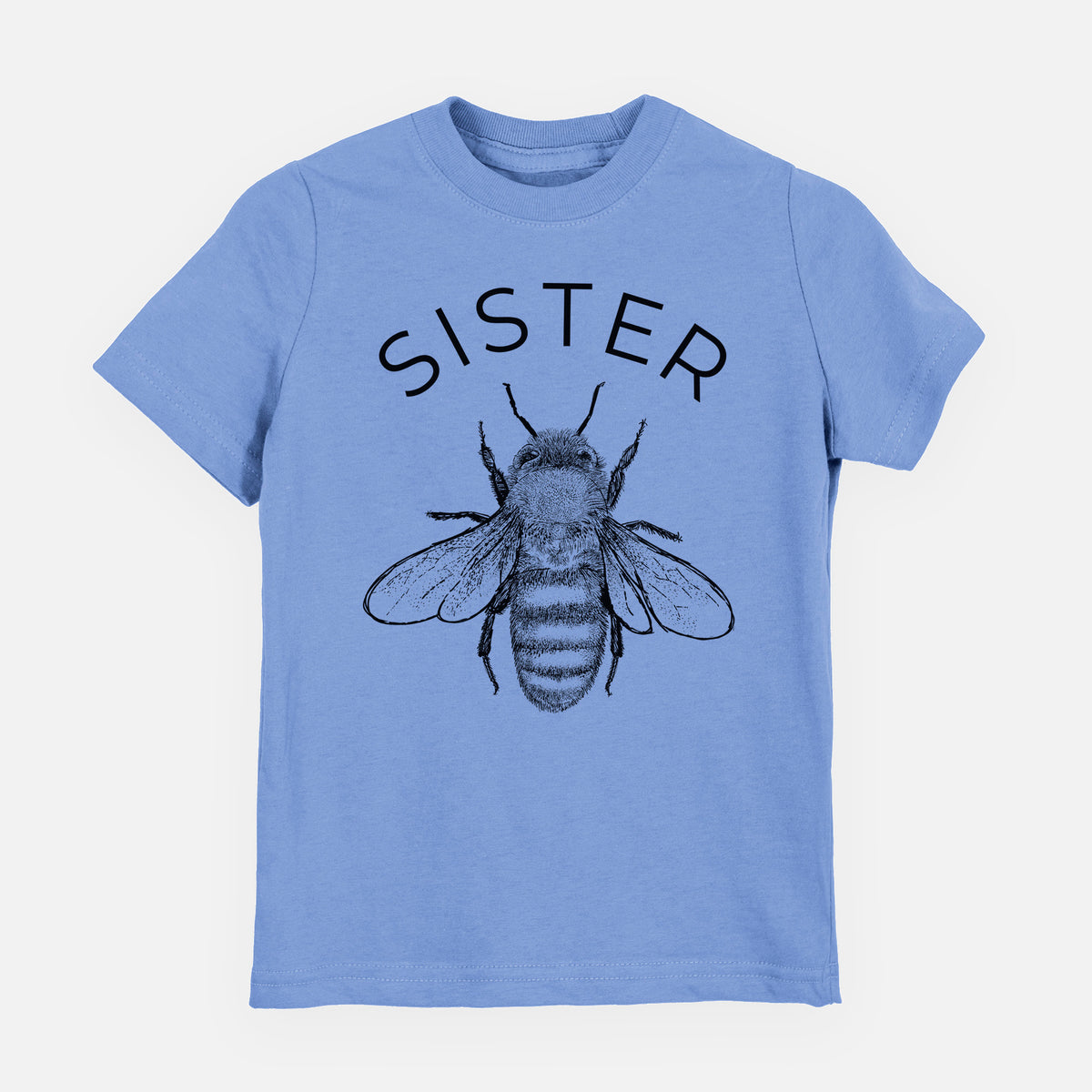 Carolina blue youth t-shirt laid flat, printed with a black ink honey bee beneath the word Sister.