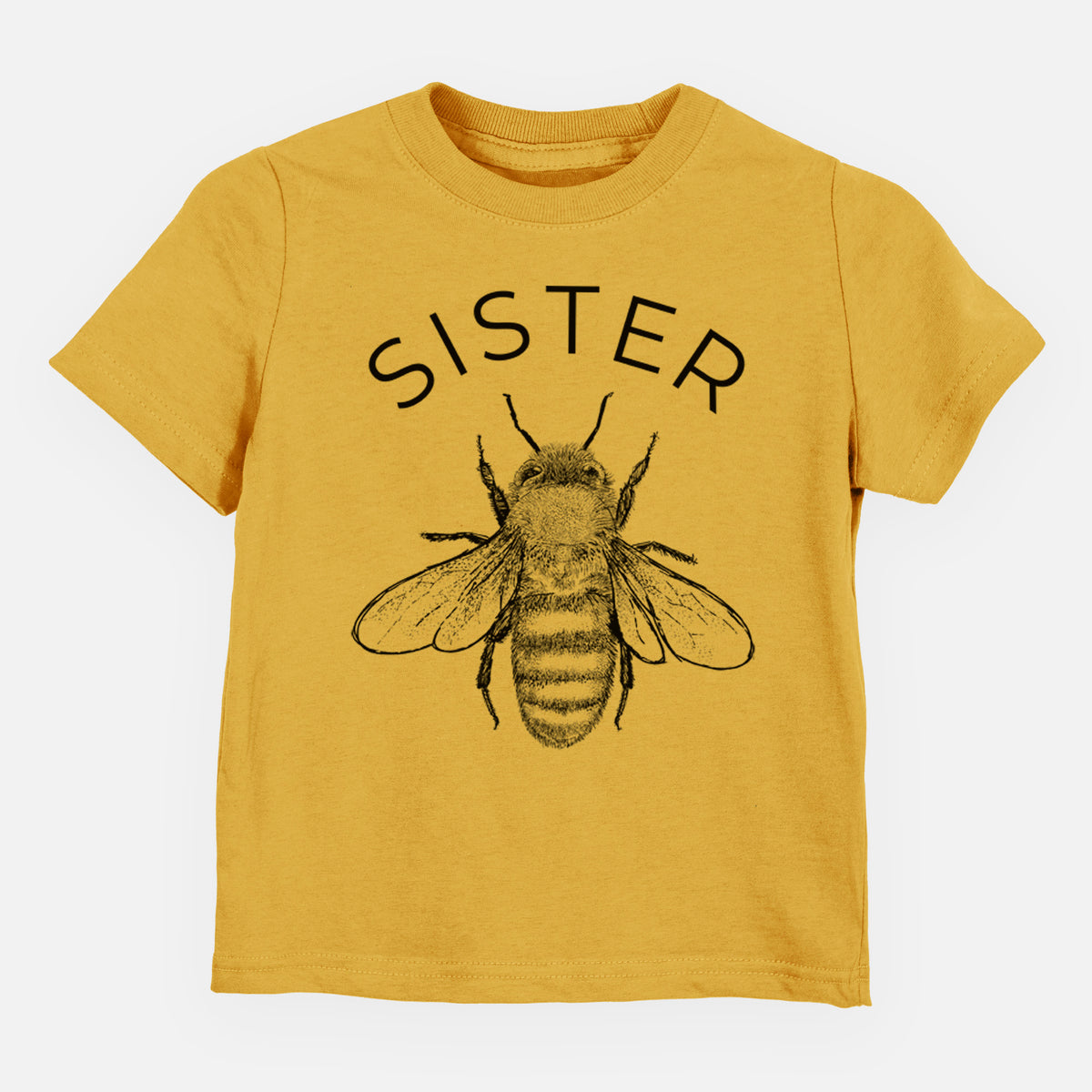 Honeycomb yellow toddler t-shirt laid flat, printed with a black ink honey bee beneath the word Sister.