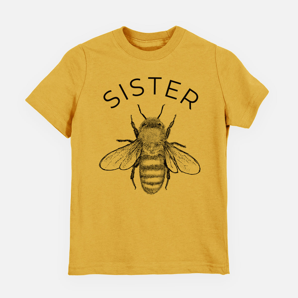 Honeycomb yellow youth t-shirt laid flat, printed with a black ink honey bee beneath the word Sister.