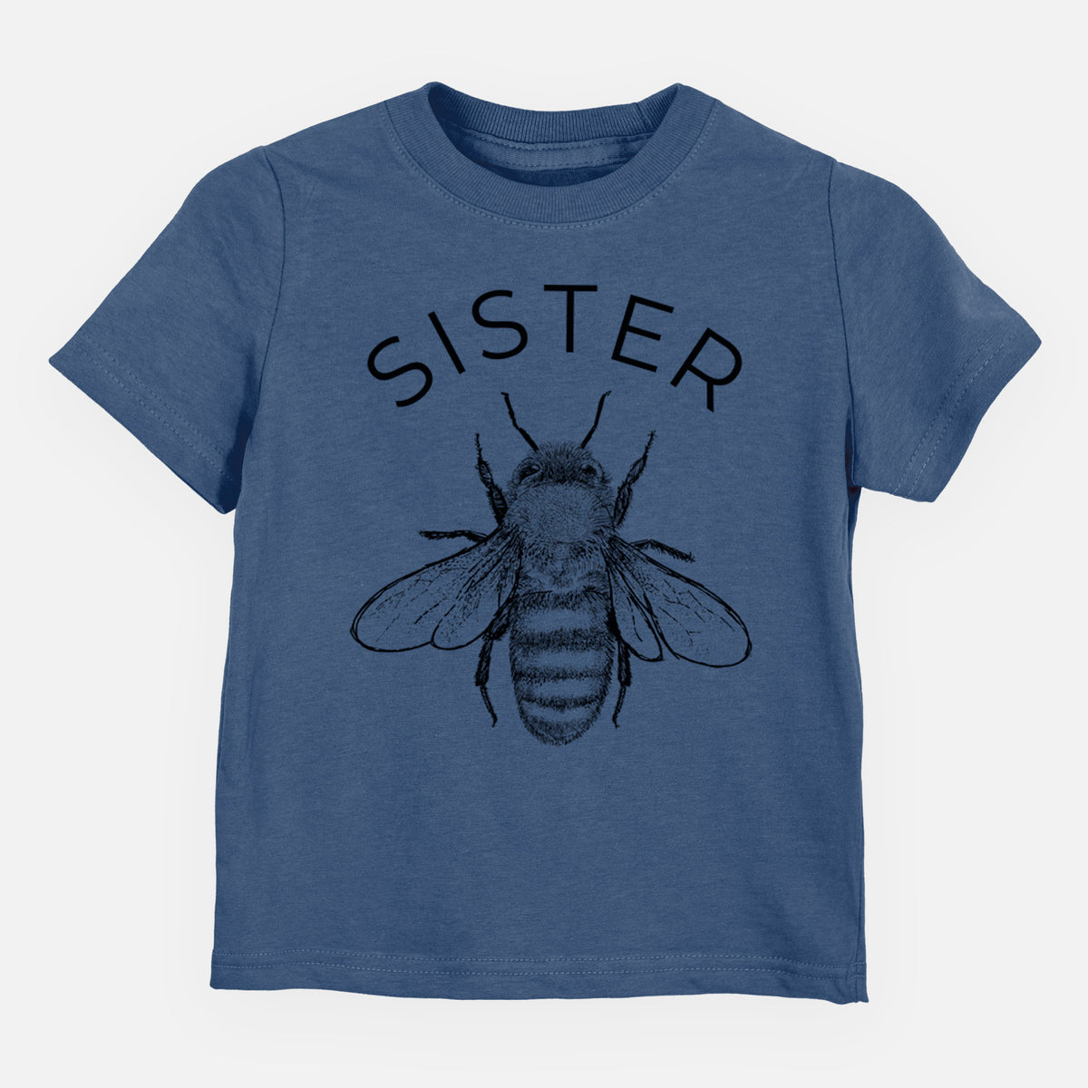 Indigo blue toddler t-shirt laid flat, printed with a black ink honey bee beneath the word Sister.