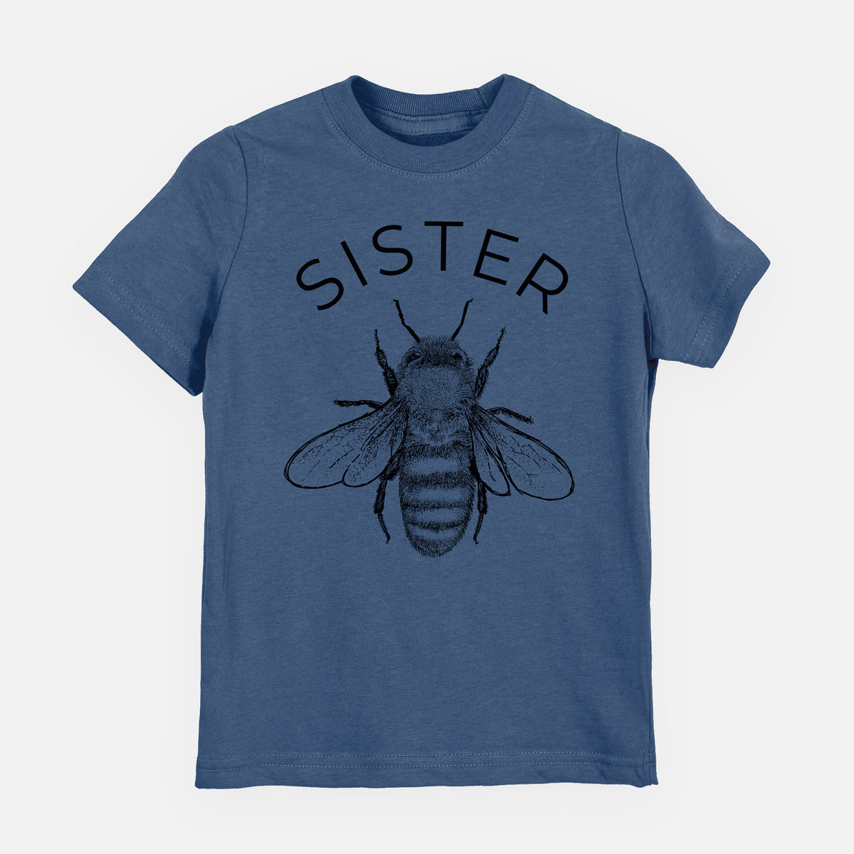 Indigo blue youth t-shirt laid flat, printed with a black ink honey bee beneath the word Sister.