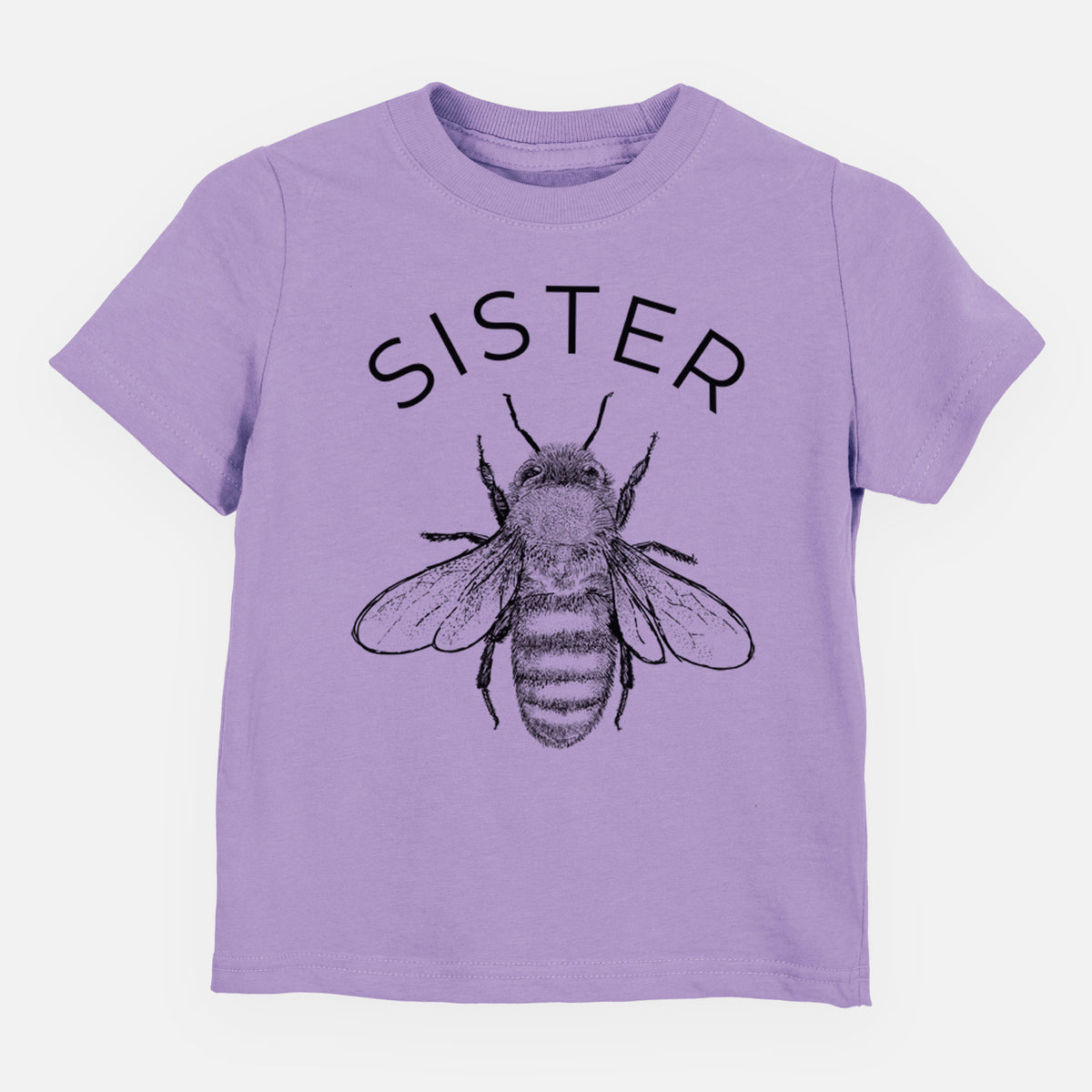 Lavender toddler t-shirt laid flat, printed with a black ink honey bee beneath the word Sister.