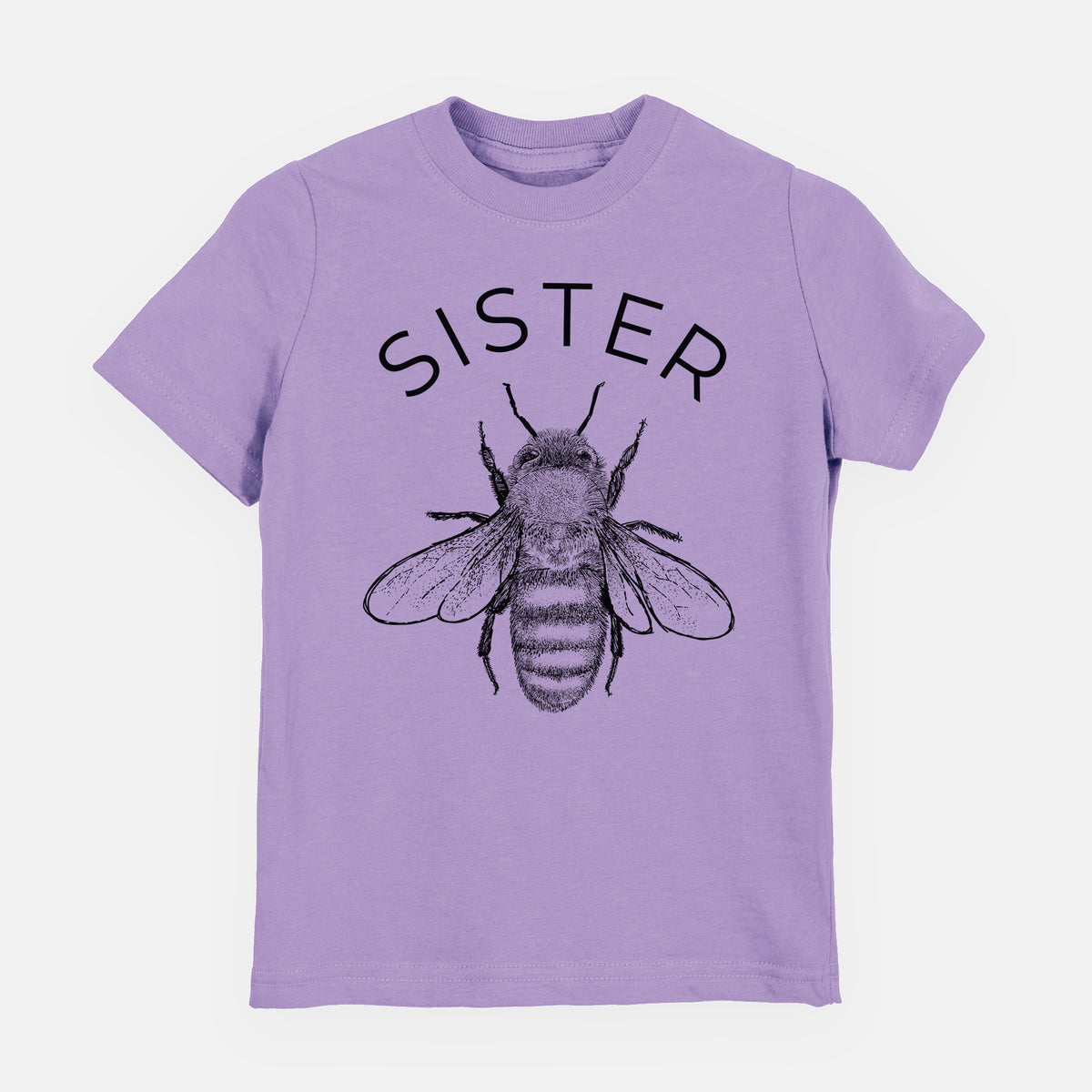 Lavender youth t-shirt laid flat, printed with a black ink honey bee beneath the word Sister.