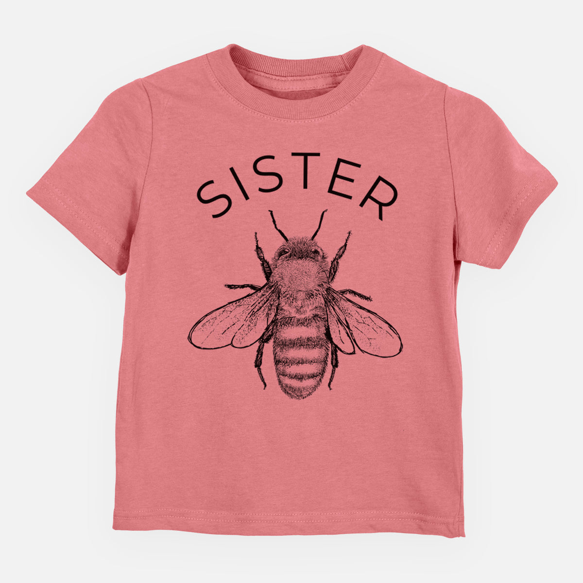 Mauve pink toddler t-shirt laid flat, printed with a black ink honey bee beneath the word Sister.
