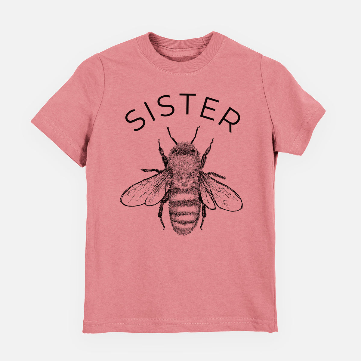 Mauve pink youth t-shirt laid flat, printed with a black ink honey bee beneath the word Sister.