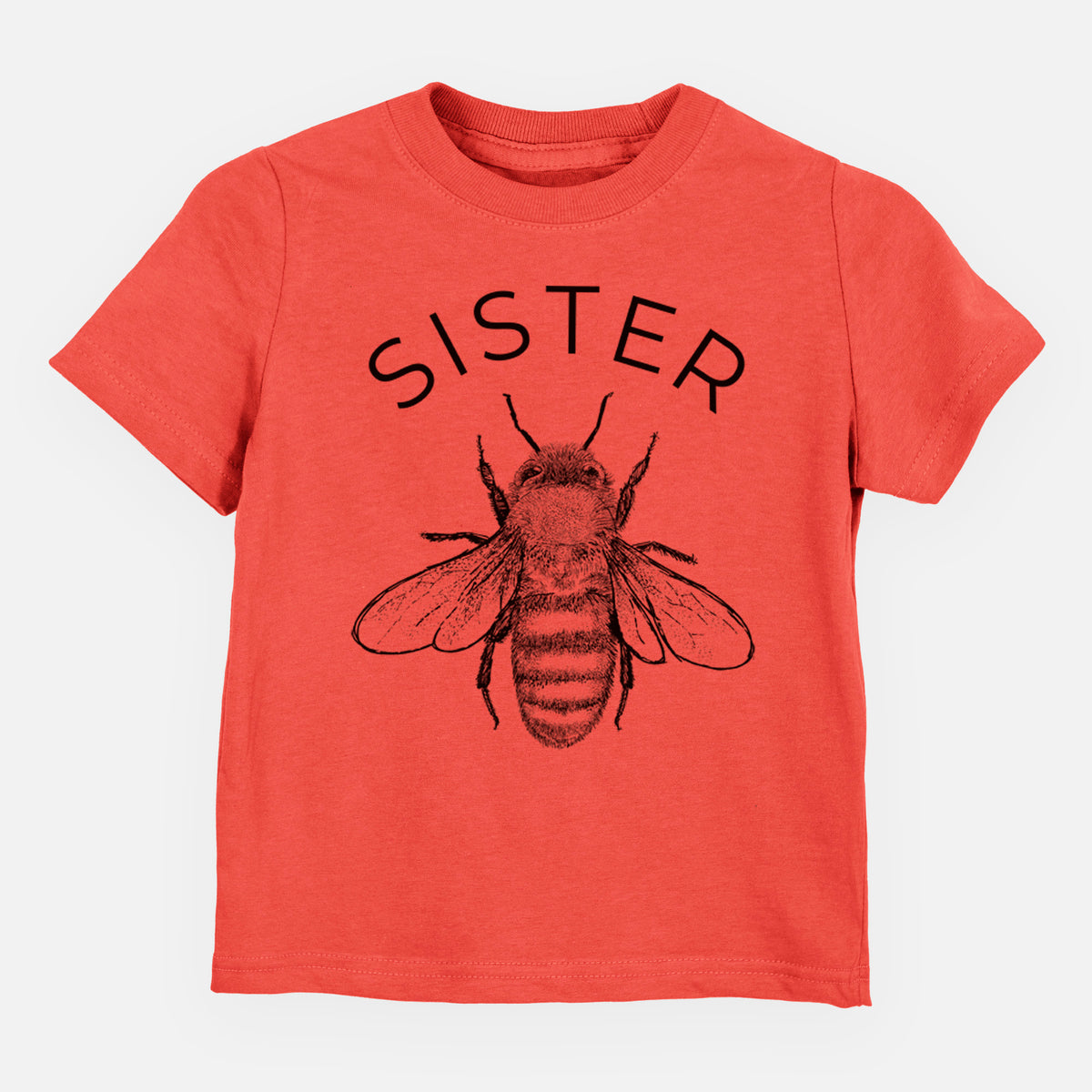 Passionfruit pink toddler t-shirt laid flat, printed with a black ink honey bee beneath the word Sister.
