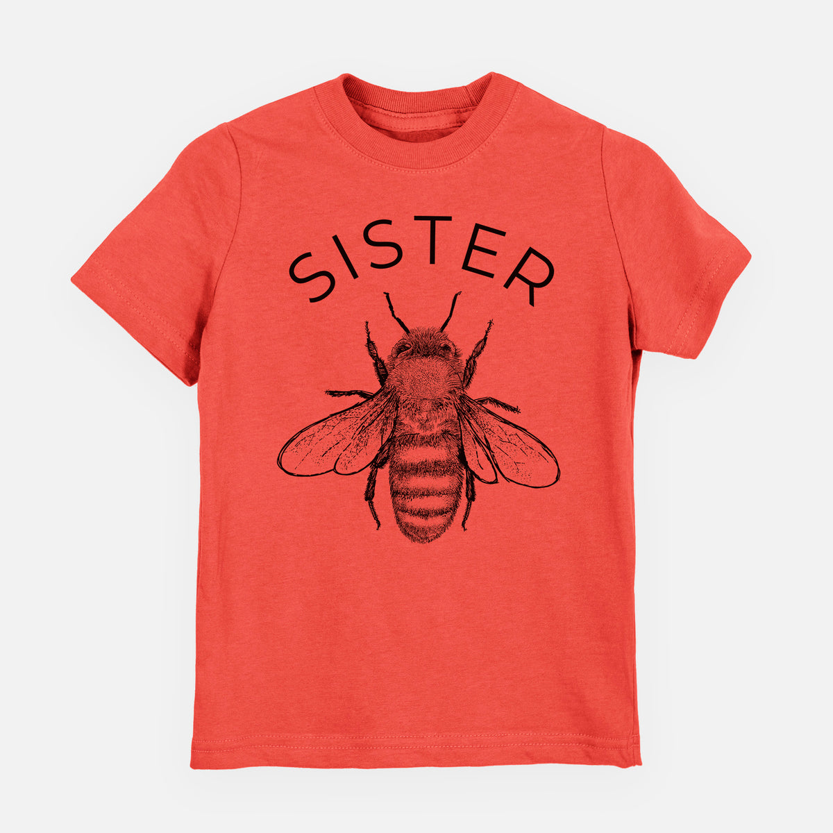 Passionfruit pink youth t-shirt laid flat, printed with a black ink honey bee beneath the word Sister.