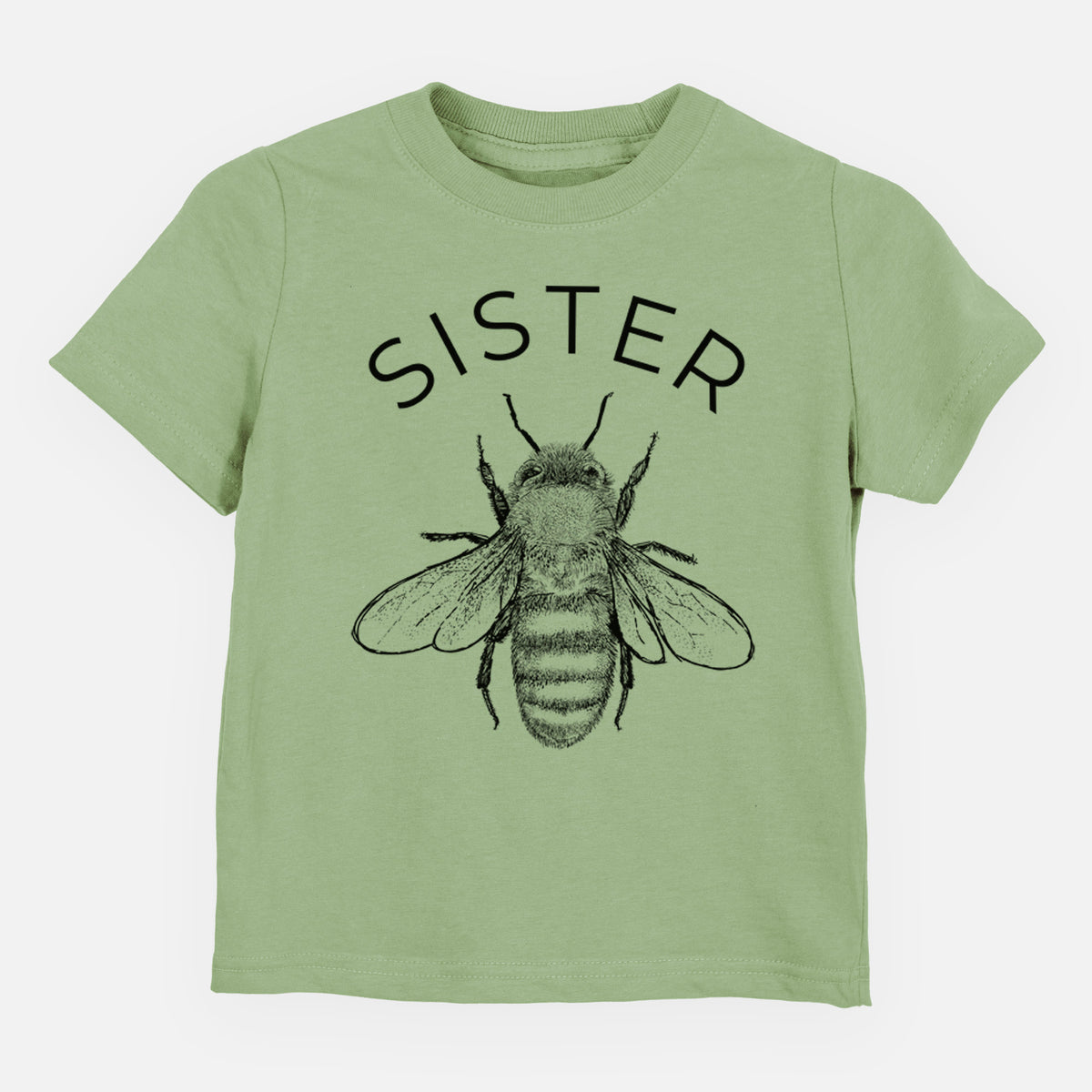 Sage green toddler t-shirt laid flat, printed with a black ink honey bee beneath the word Sister.