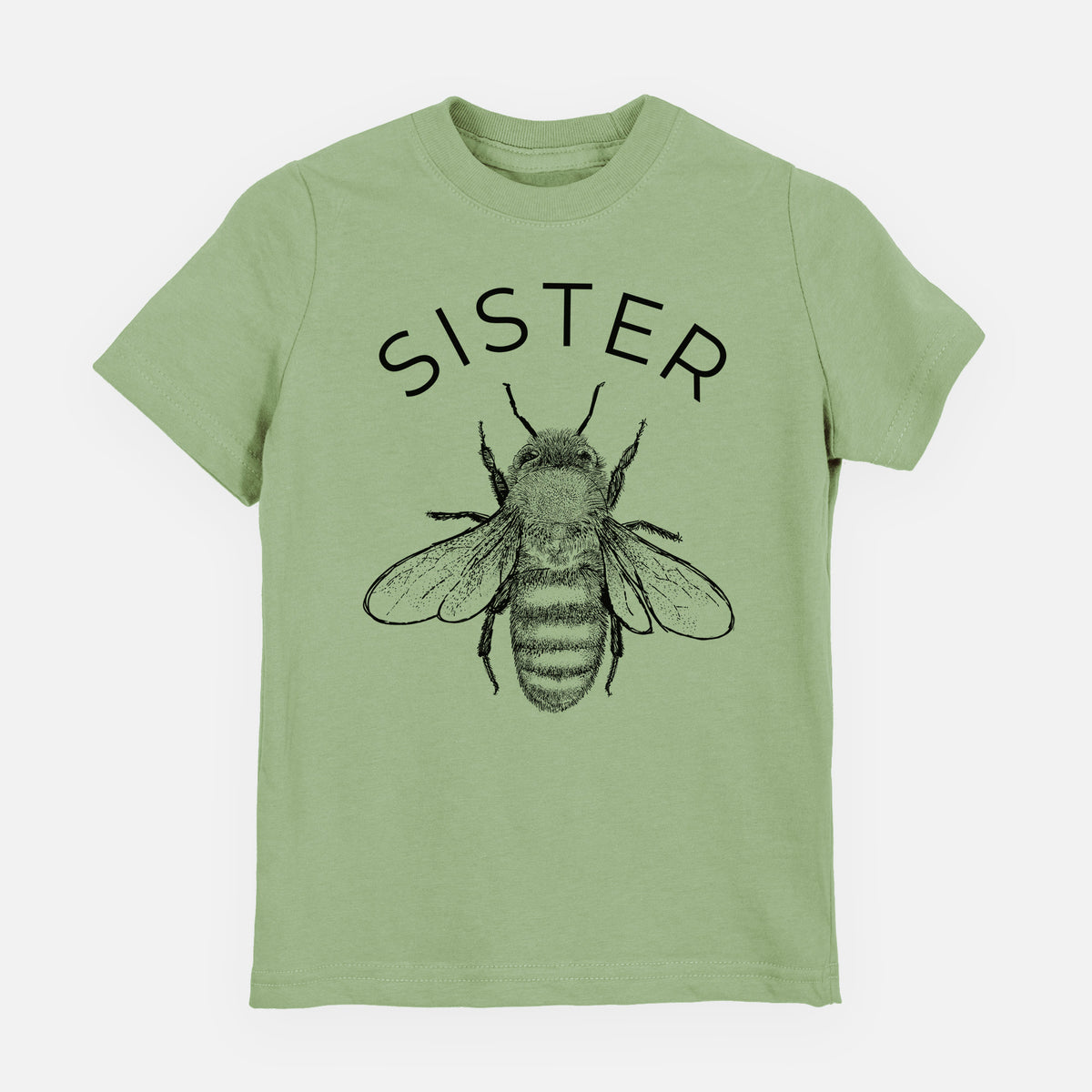 Sage green youth t-shirt laid flat, printed with a black ink honey bee beneath the word Sister.