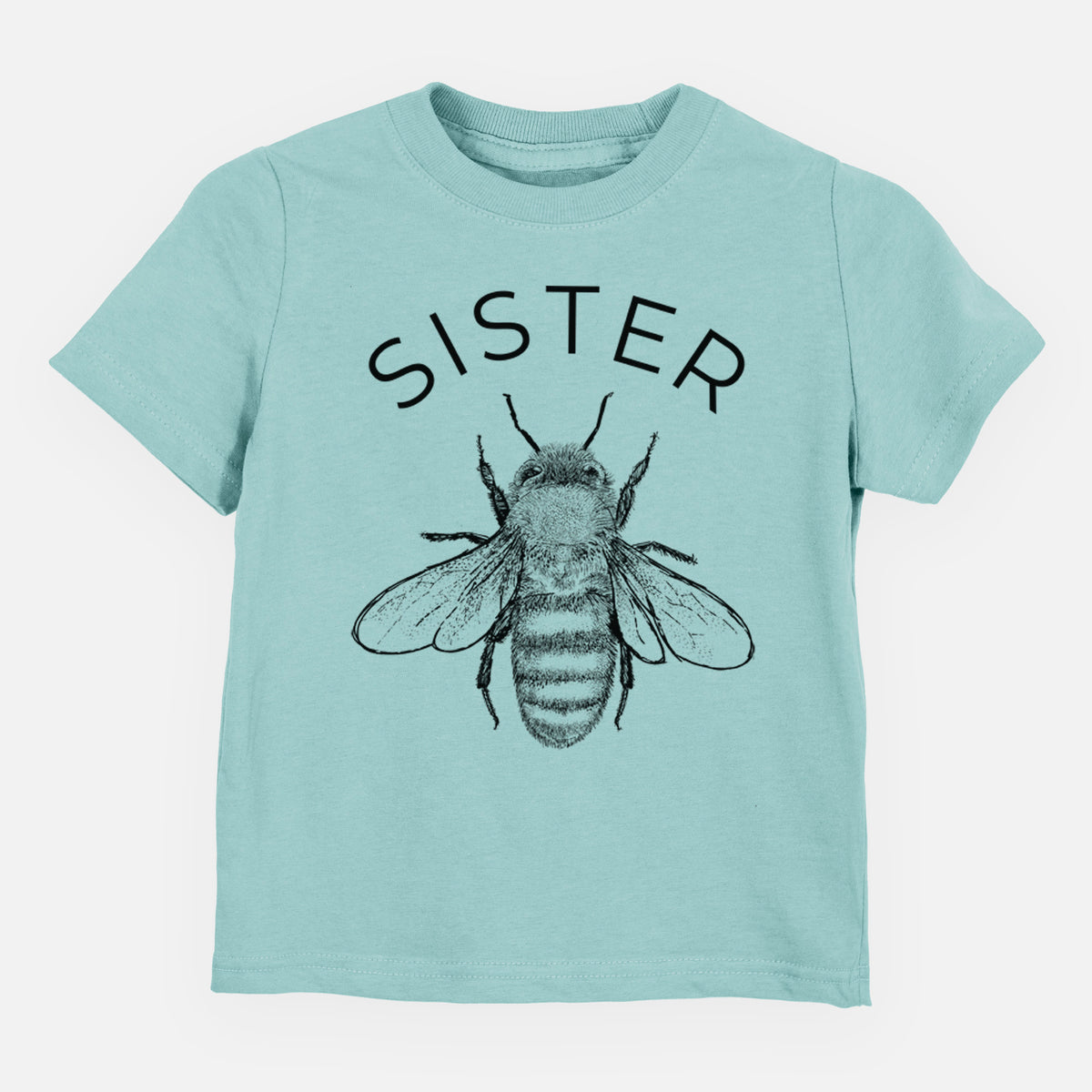 Saltwater toddler t-shirt laid flat, printed with a black ink honey bee beneath the word Sister.