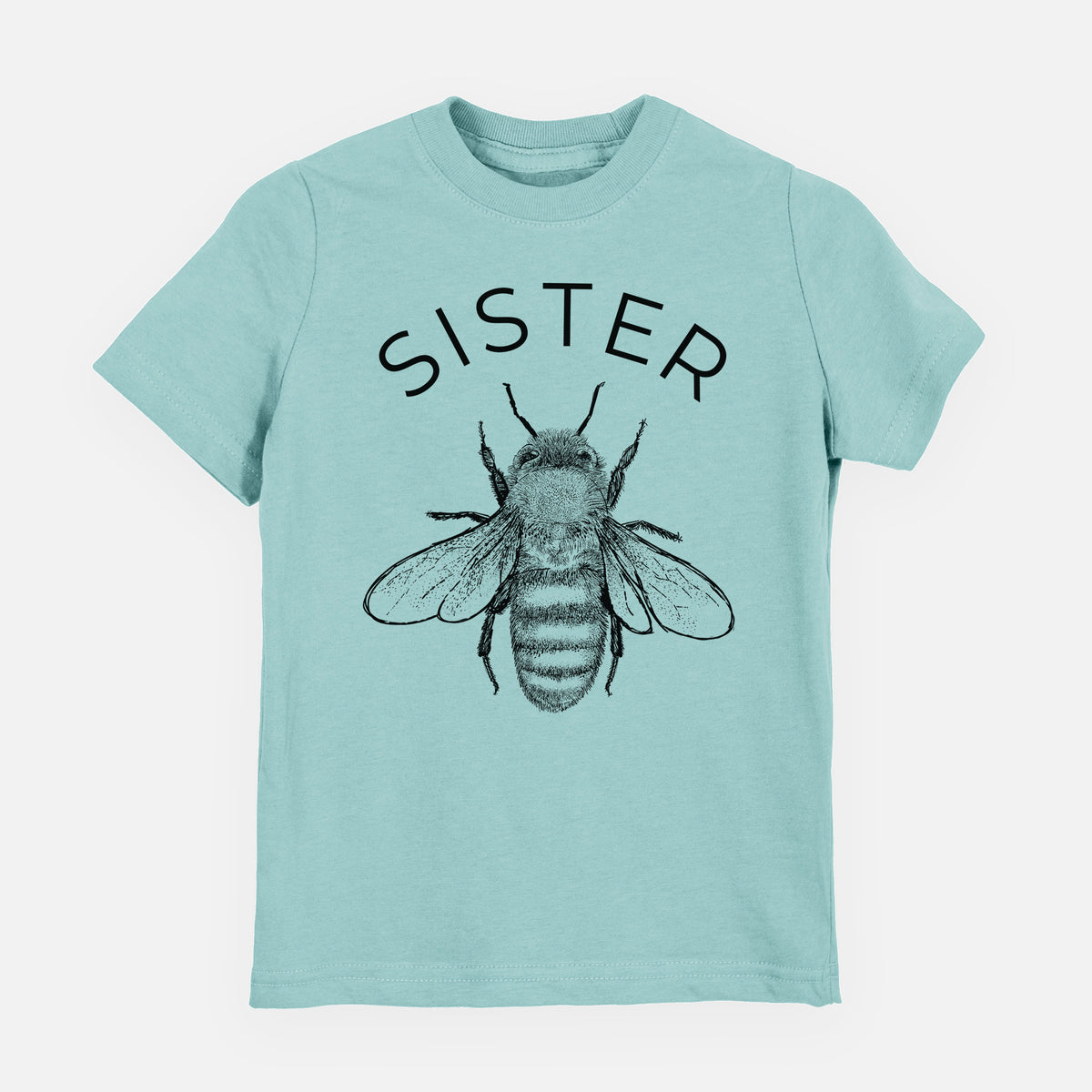 Saltwater youth t-shirt laid flat, printed with a black ink honey bee beneath the word Sister.