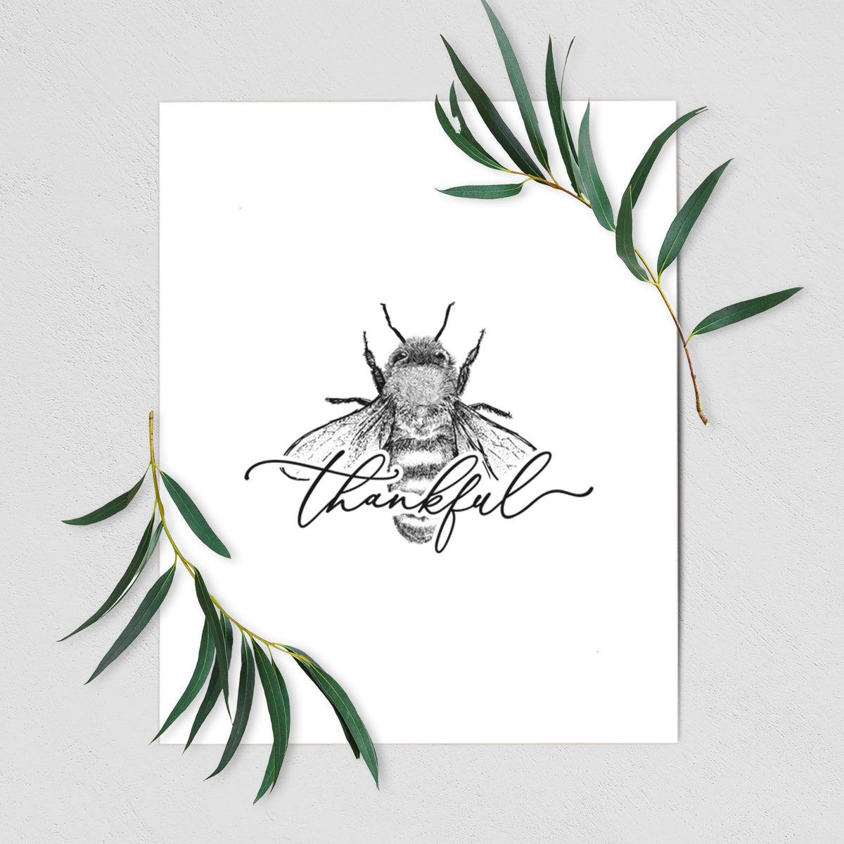 Art print of a black ink bee with the word thankful written in script across it, shown with eucalyptus leaves.