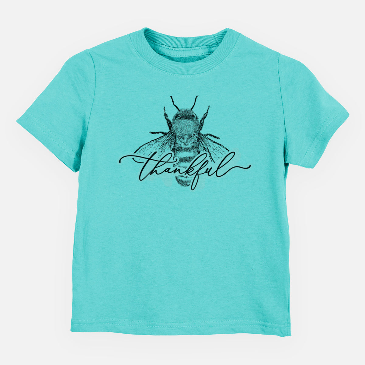 Caribbean blue toddler t-shirt laid flat, printed with a black ink bee with the word thankful written in script across it.