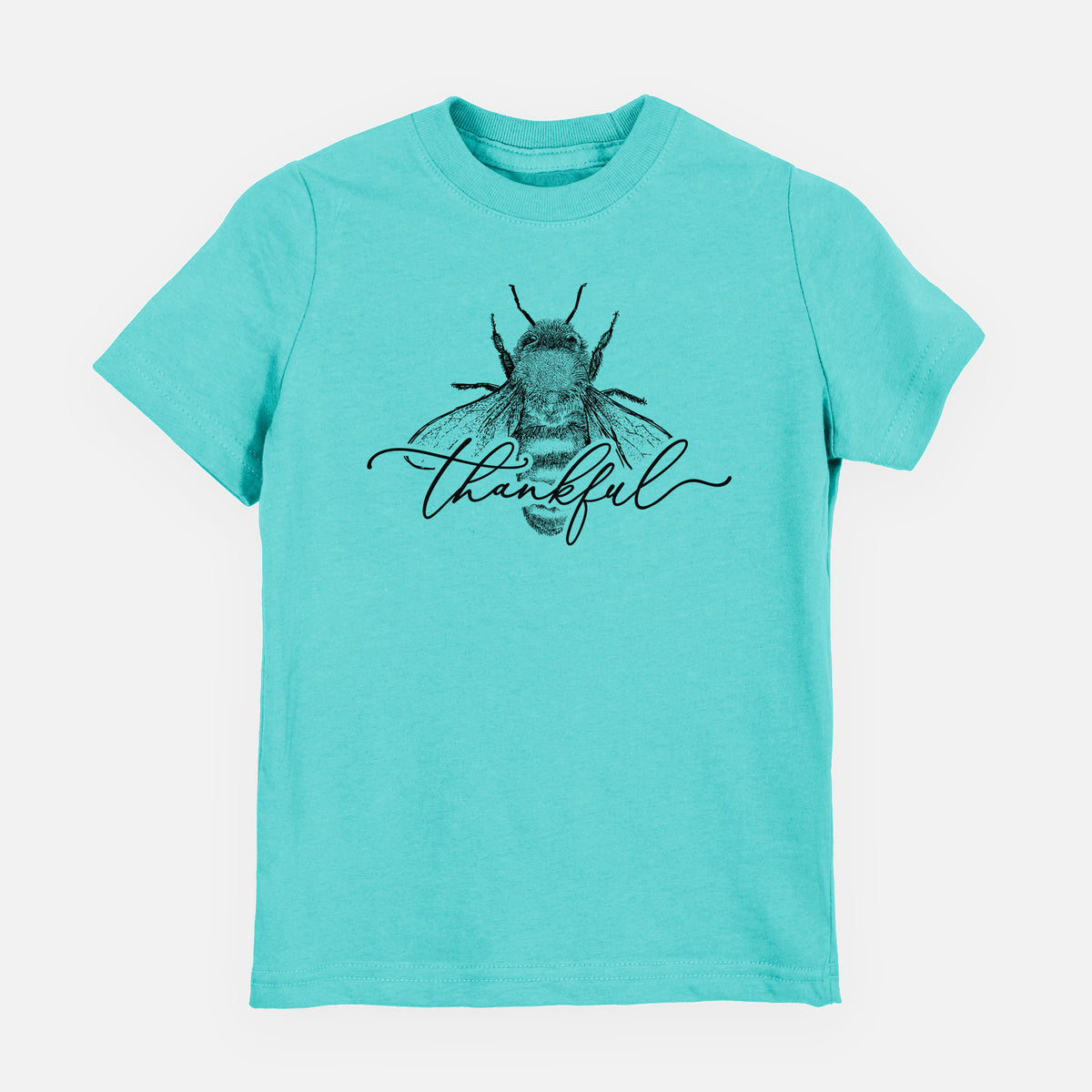 Caribbean blue youth t-shirt laid flat, printed with a black ink bee with the word thankful written in script across it.