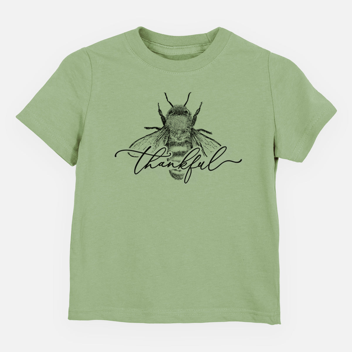 Sage green toddler t-shirt laid flat, printed with a black ink bee with the word thankful written in script across it.