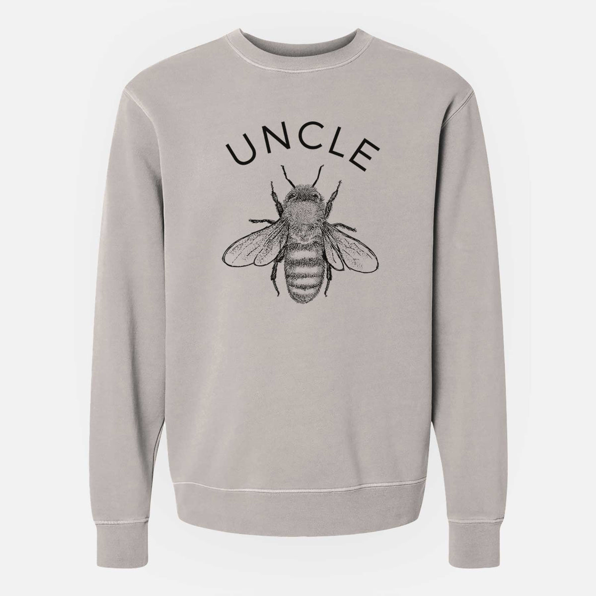 Cement grey pigment dyed crewneck sweatshirt laid flat, printed with a black ink honey bee beneath the word Uncle.