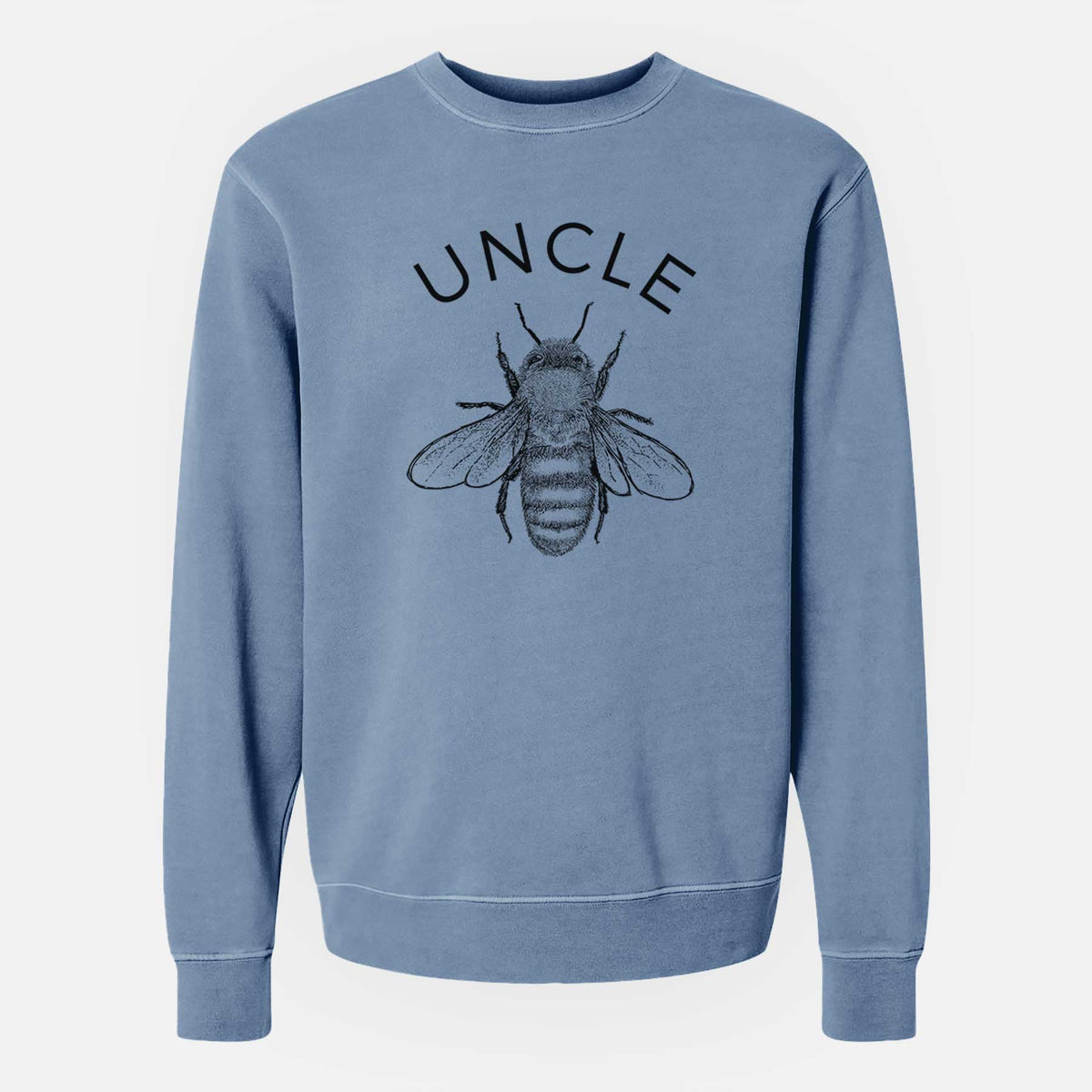 Slate blue pigment dyed crewneck sweatshirt laid flat, printed with a black ink honey bee beneath the word Uncle.