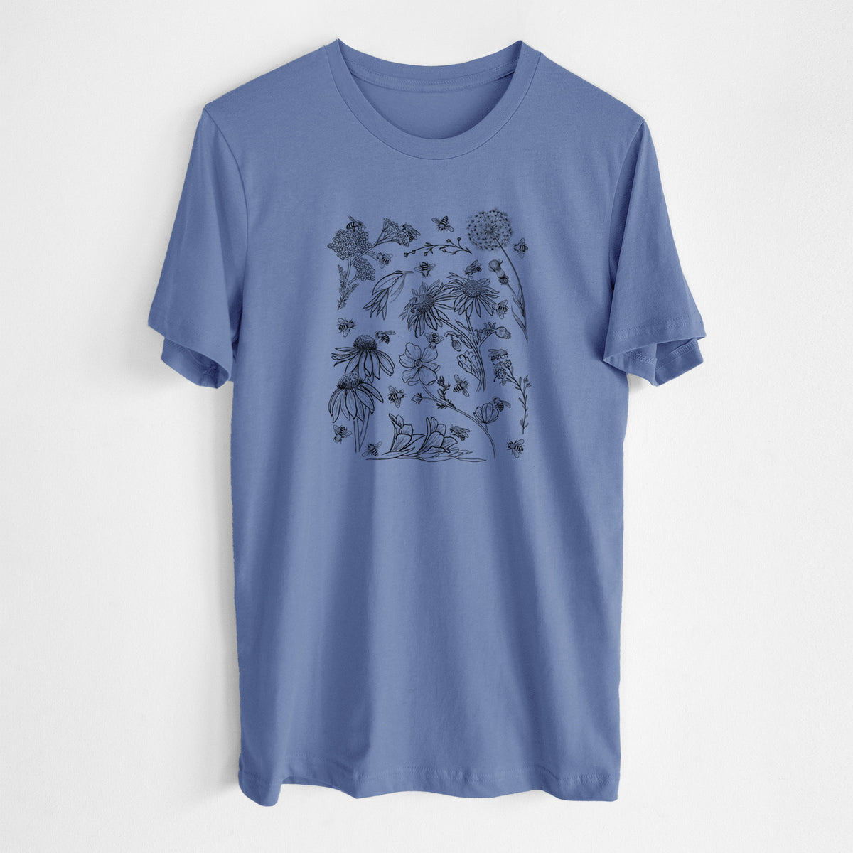 Blue bell lightweight cotton t-shirt laid flat, printed with black ink bees scattered among wildflowers.