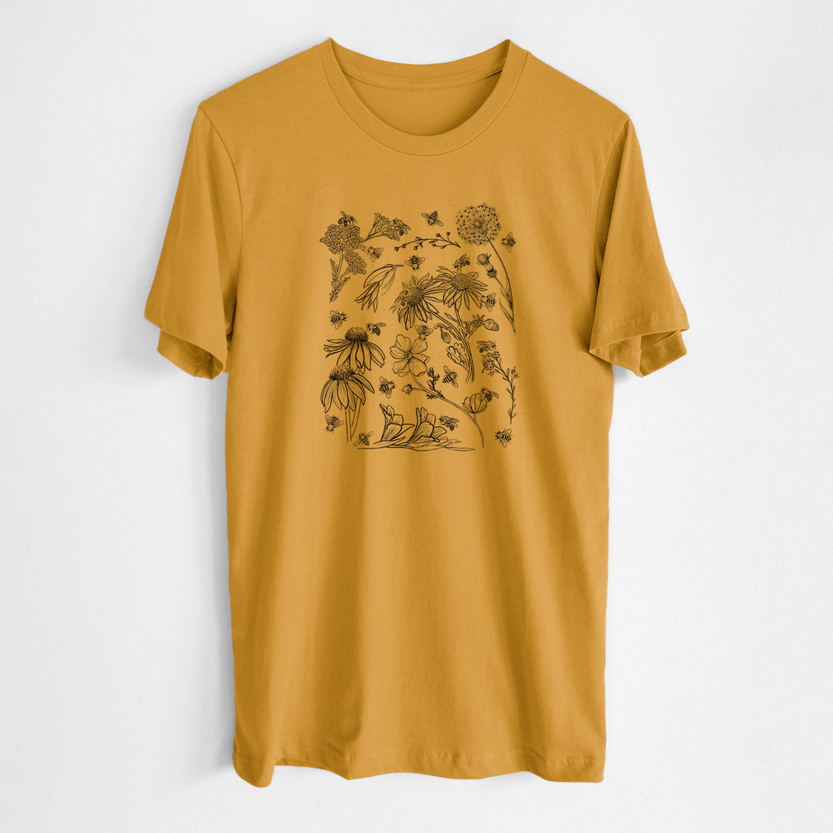 Honeycomb yellow lightweight cotton t-shirt laid flat, printed with black ink bees scattered among wildflowers.