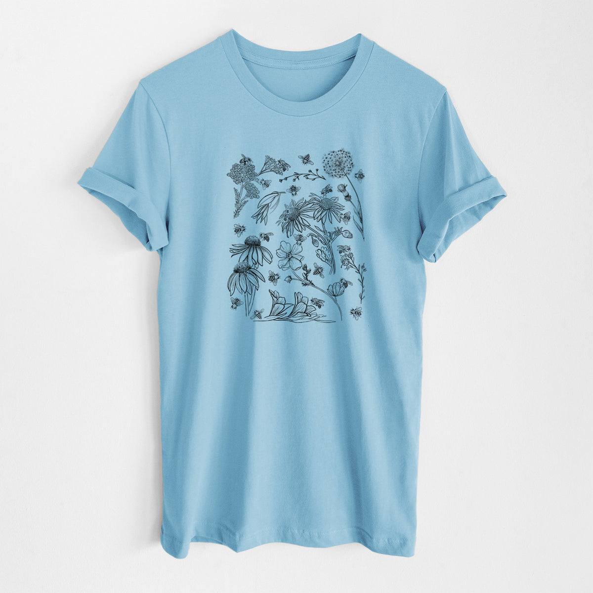Ocean blue lightweight cotton t-shirt laid flat, printed with black ink bees scattered among wildflowers.