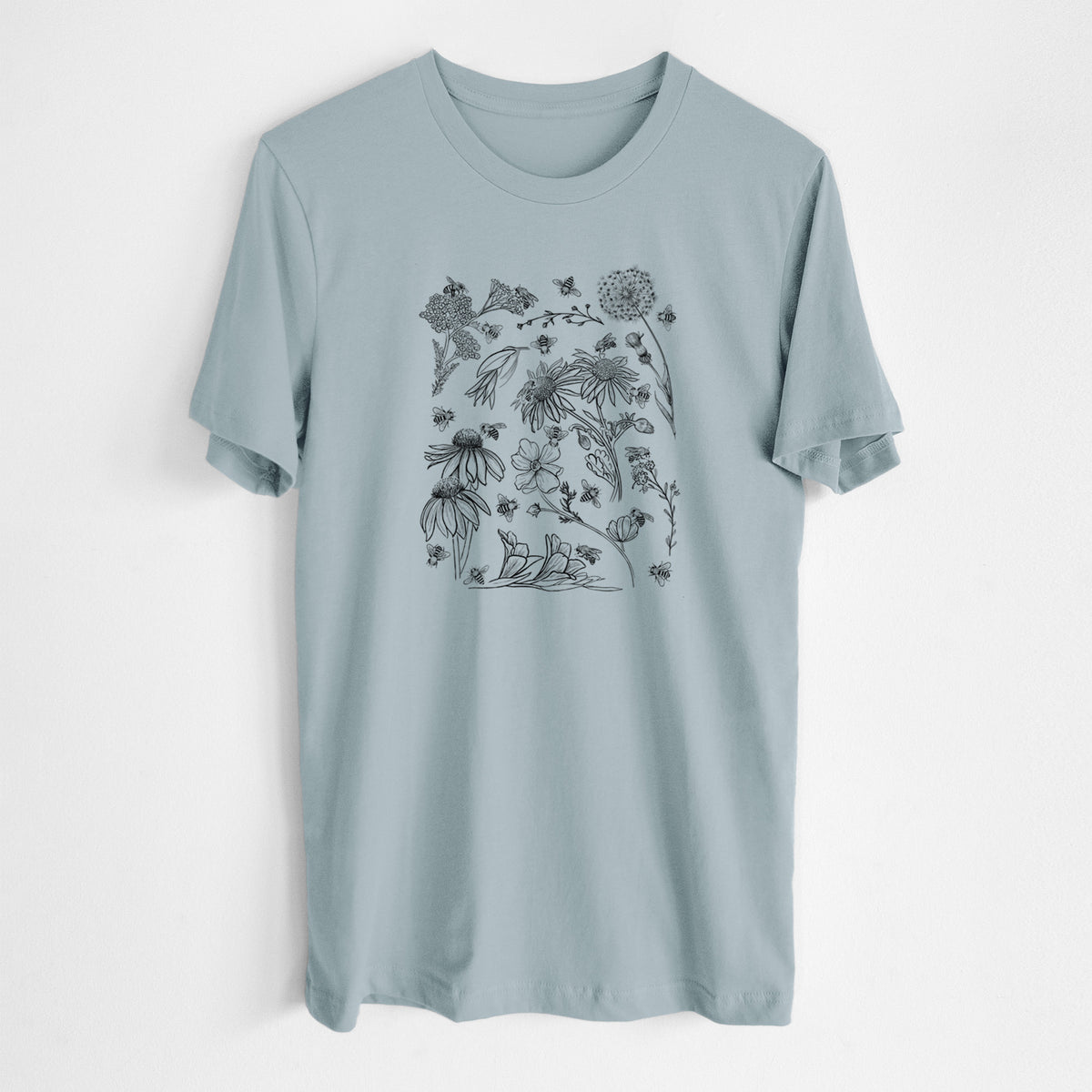 Vintage denim lightweight cotton t-shirt laid flat, printed with black ink bees scattered among wildflowers.