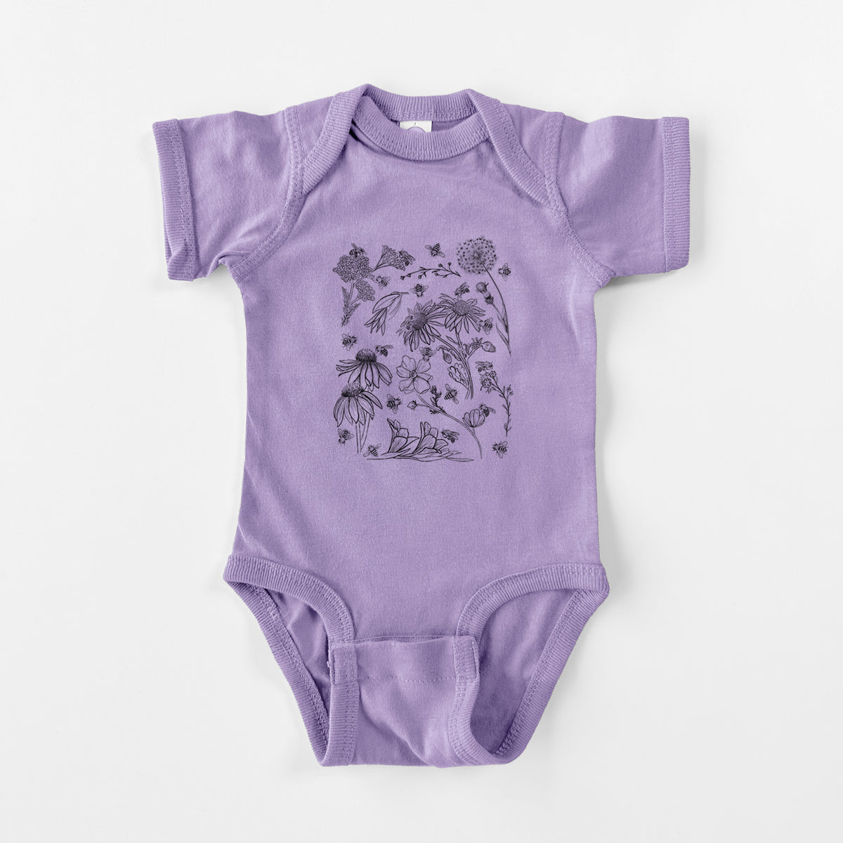 Lavender baby bodysuit laid flat, printed with black ink bees scattered among wildflowers.