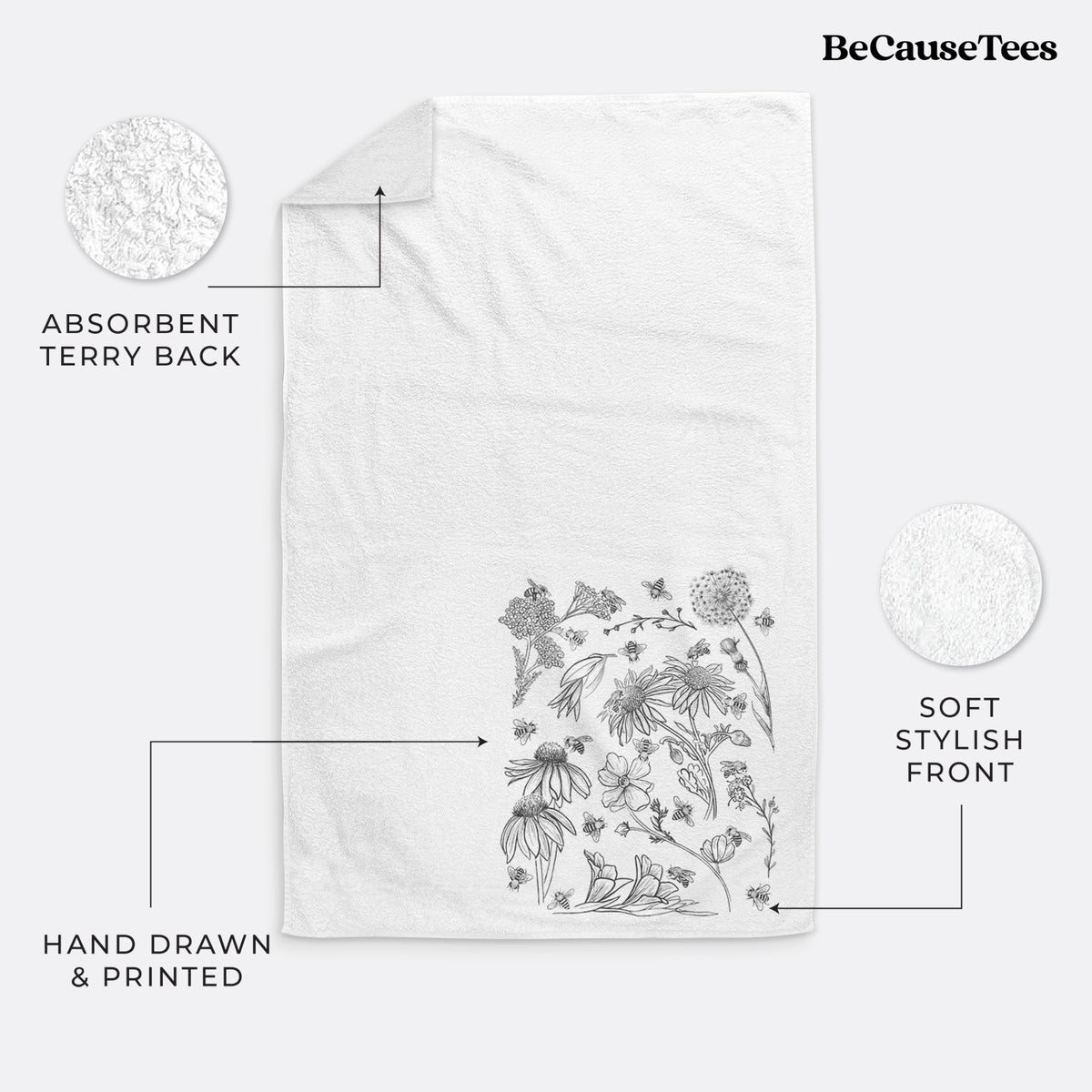 White hand towel printed with black ink bees scattered among wildflowers.