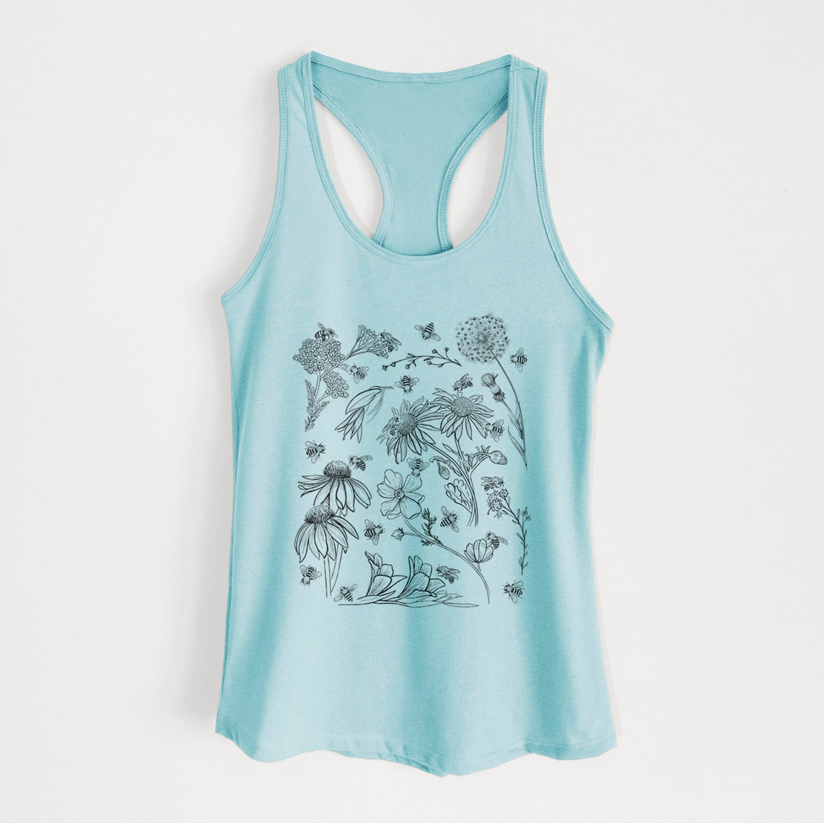 Cancun blue women's racerback tank top laid flat, printed with black ink bees scattered among wildflowers.