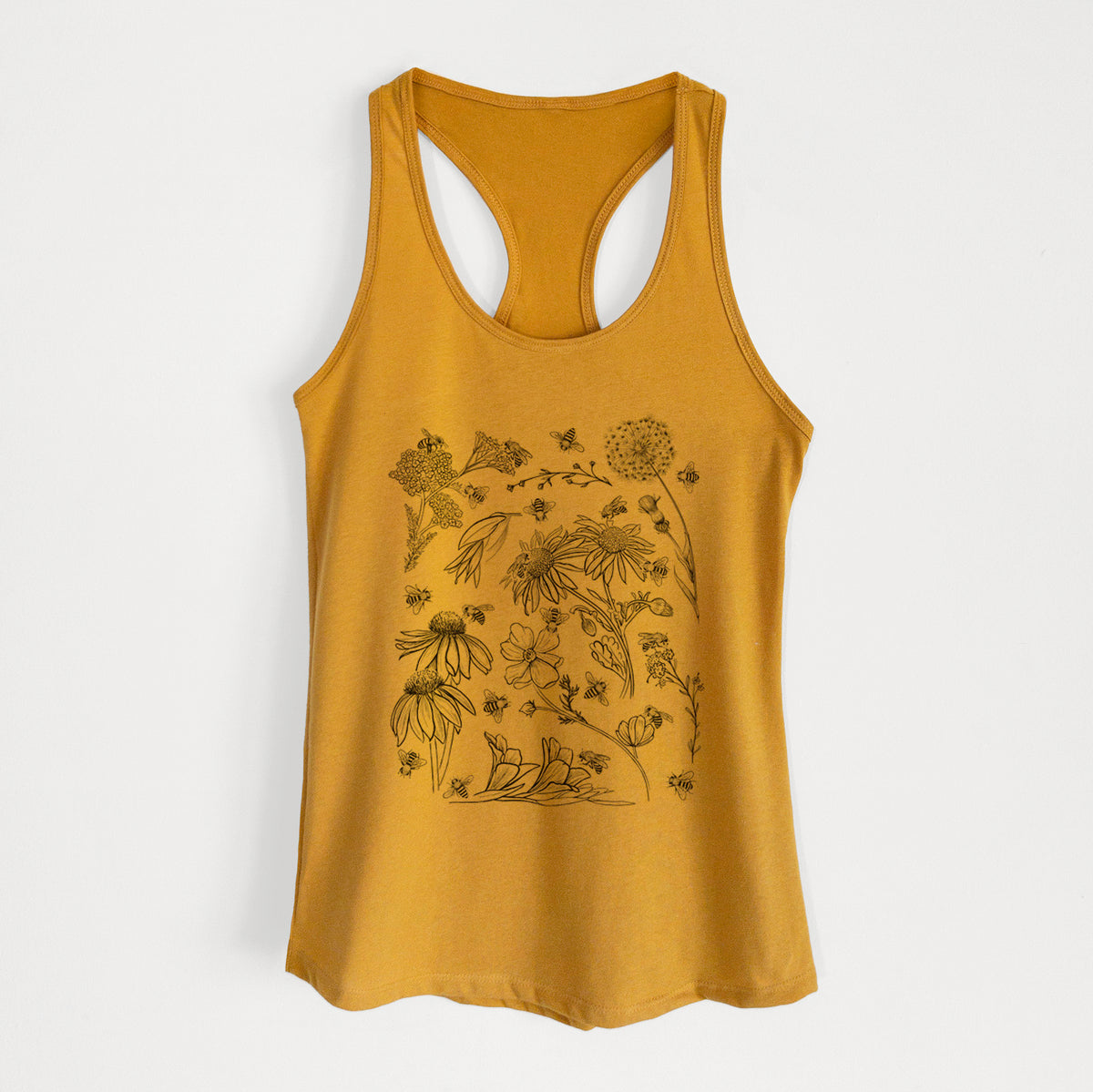 Gold women's racerback tank top laid flat, printed with black ink bees scattered among wildflowers.