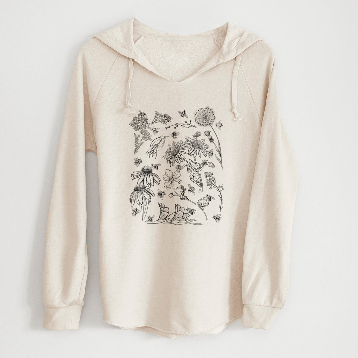 Bone cream women's Cali Wave hooded sweatshirt laid flat, printed with black ink bees scattered among wildflowers.