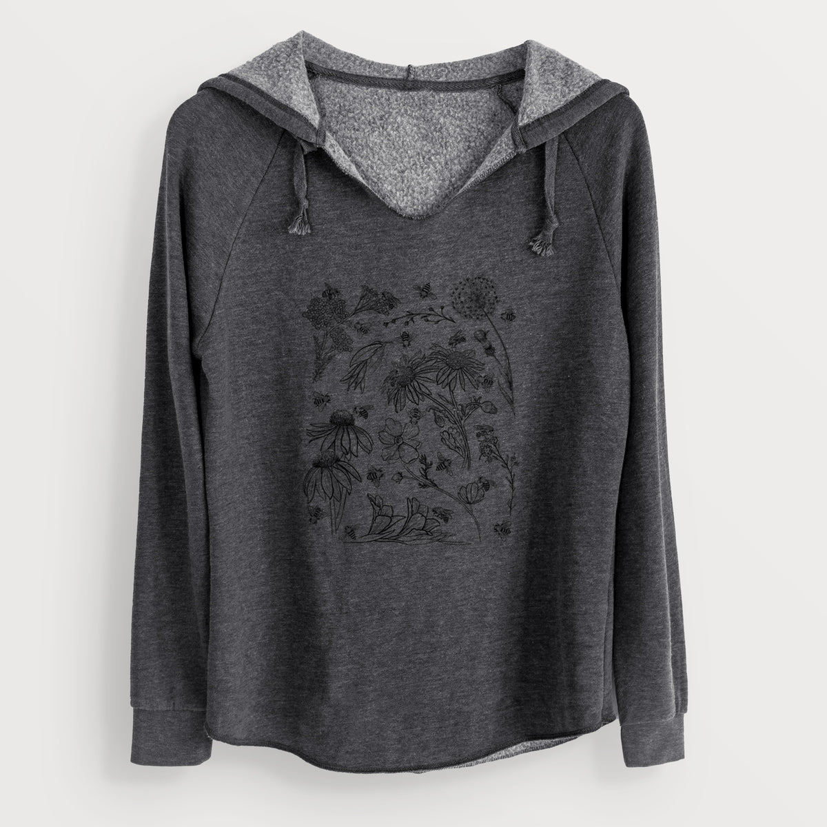 Charcoal grey women's Cali Wave hooded sweatshirt laid flat, printed with black ink bees scattered among wildflowers.