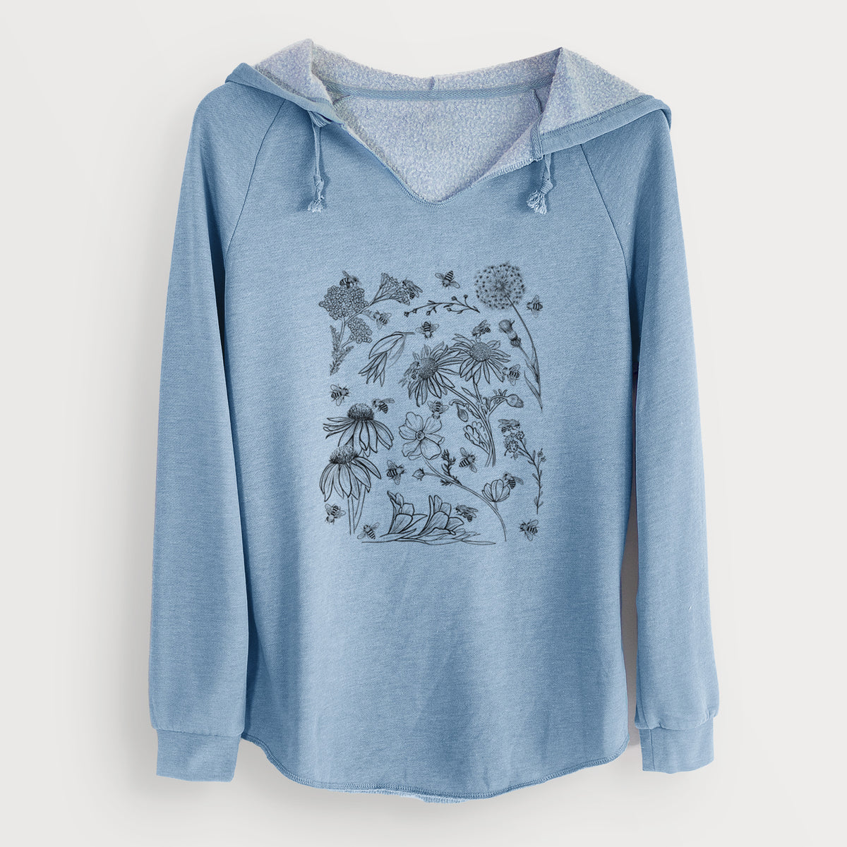 Misty blue women's Cali Wave hooded sweatshirt laid flat, printed with black ink bees scattered among wildflowers.