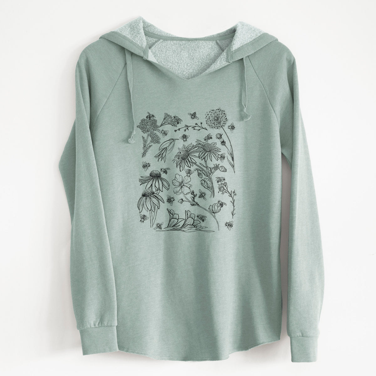 Sage green women's Cali Wave hooded sweatshirt laid flat, printed with black ink bees scattered among wildflowers.