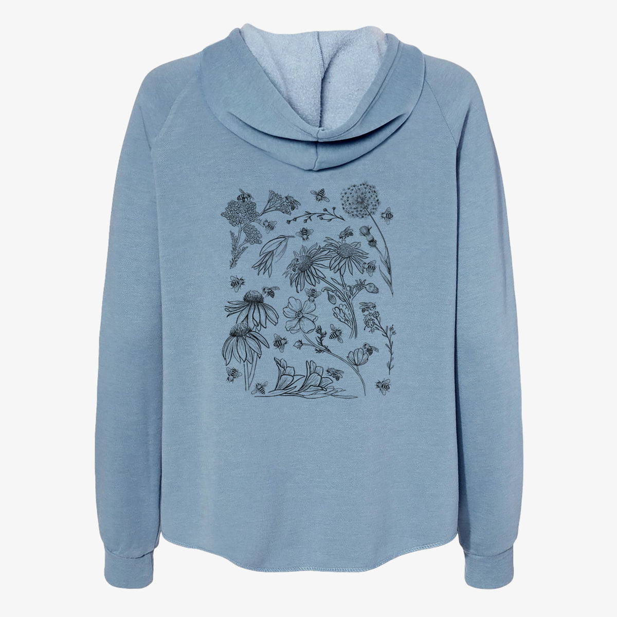 Misty blue women's Cali Wave zip-up sweatshirt laid flat, printed with black ink bees scattered among wildflowers.