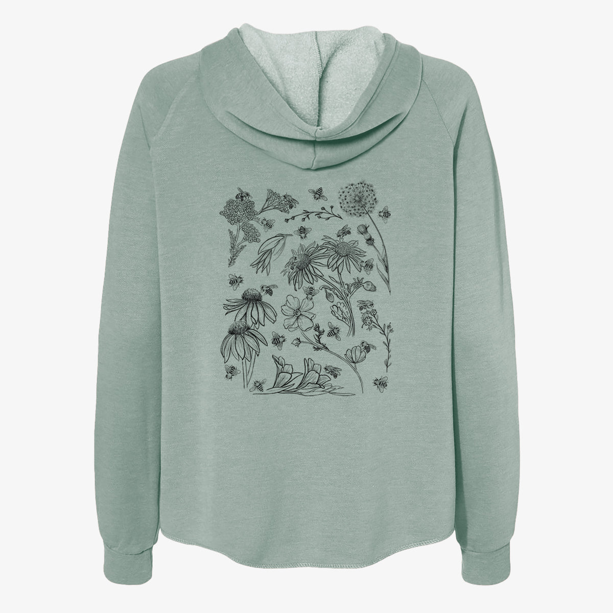 Sage green women's Cali Wave zip-up sweatshirt laid flat, printed with black ink bees scattered among wildflowers.