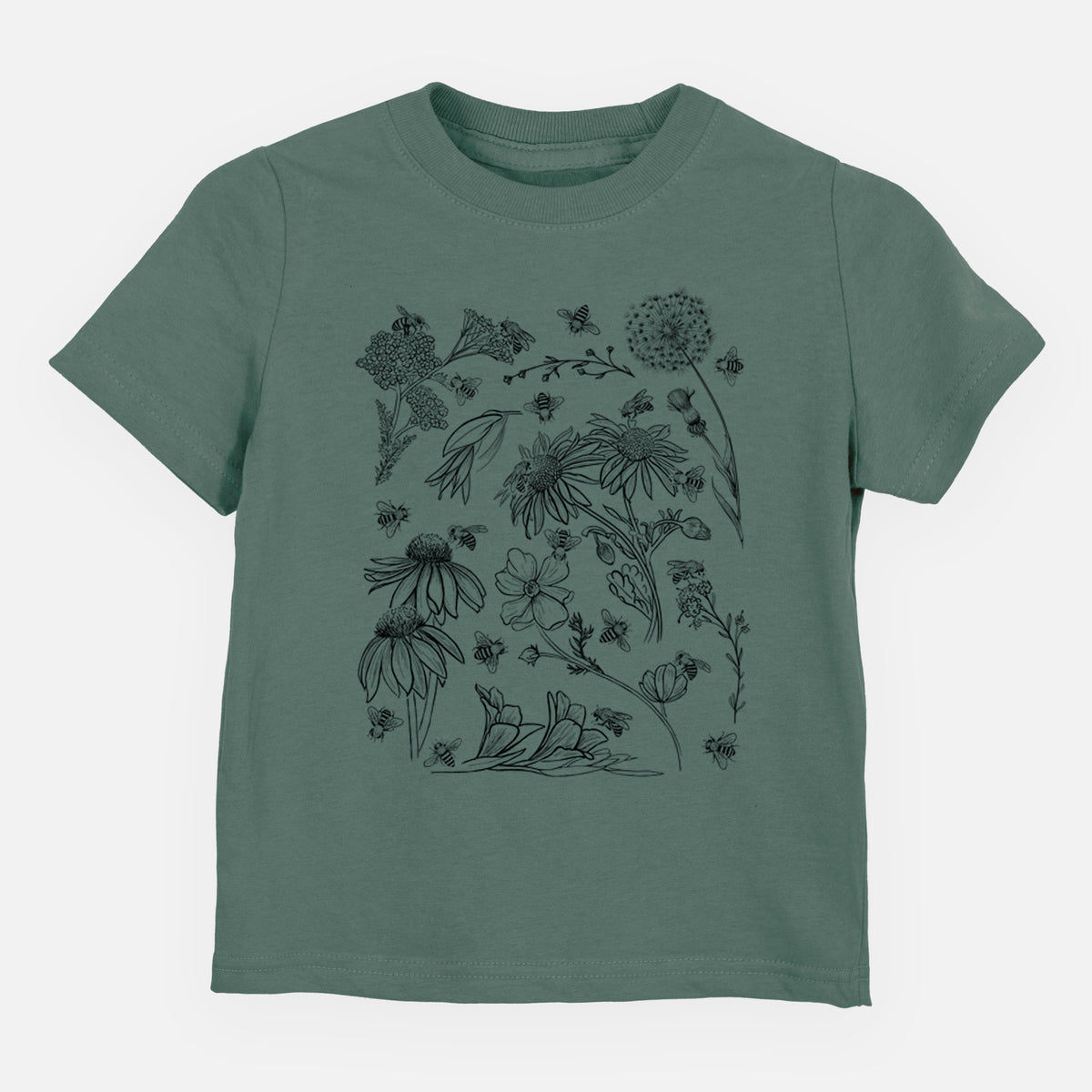 Basil green toddler t-shirt laid flat, printed with black ink bees scattered among wildflowers.